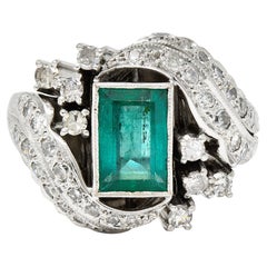 Art Deco 1.90 Carats Emerald Diamond Platinum Bypass Gemstone Cocktail Ring