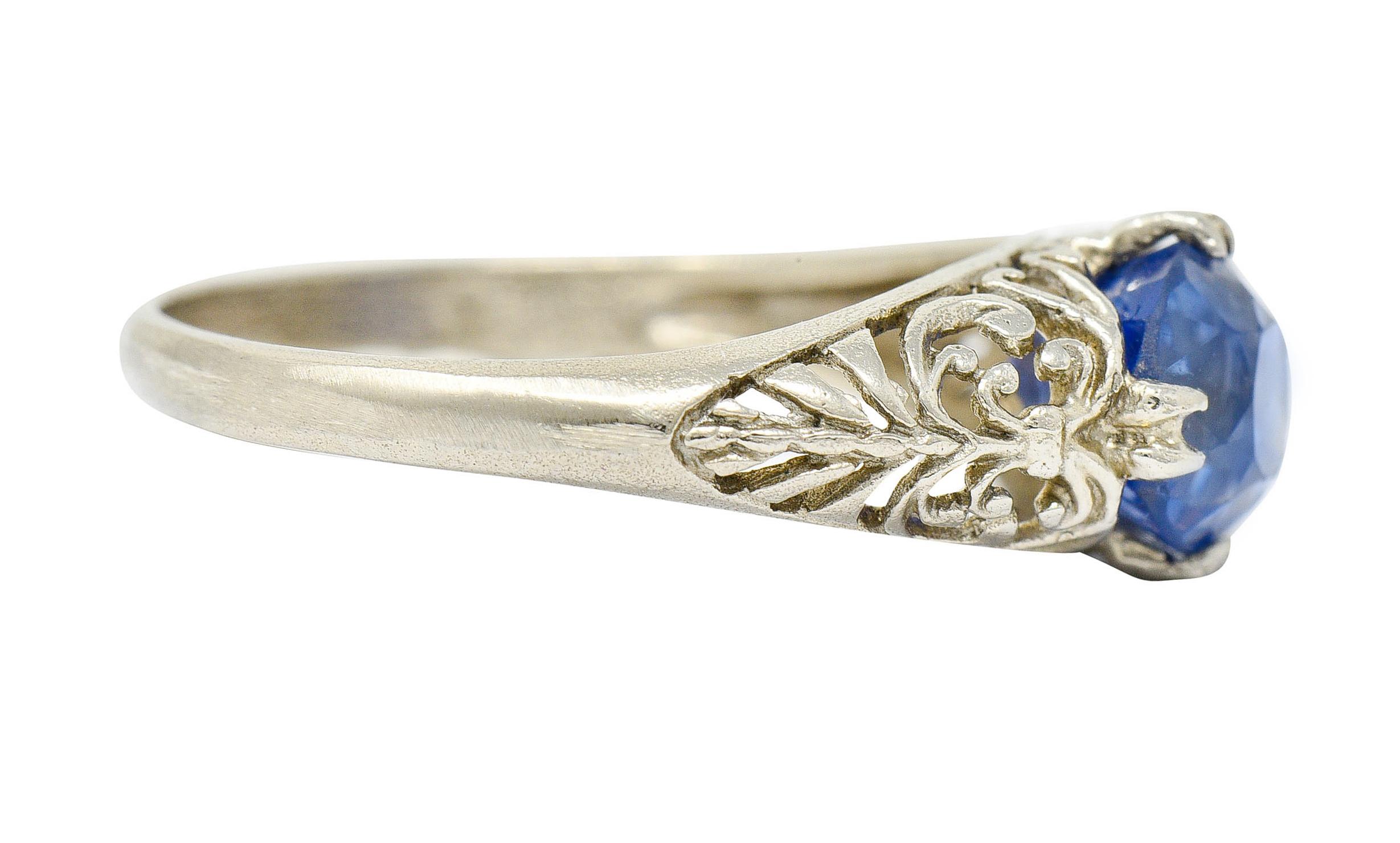 Oval Cut Art Deco 1.90 Carats Sapphire 14 Karat White Gold Scrolled Foliate Ring