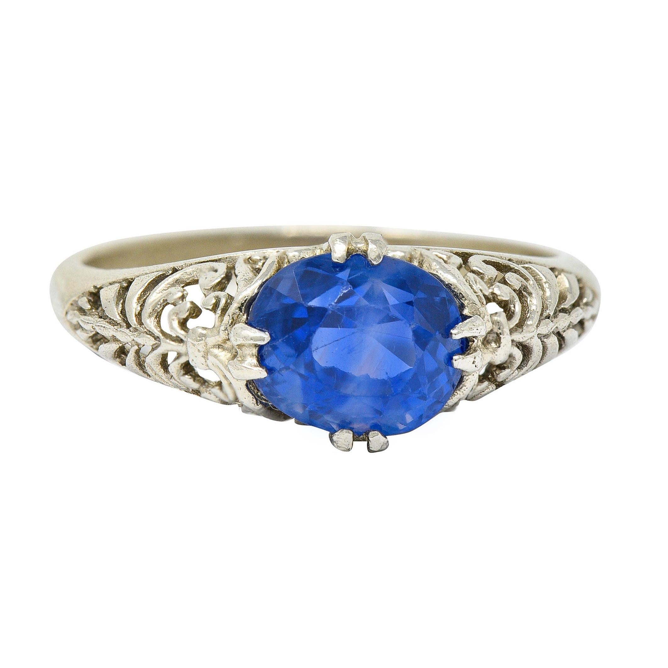 Art Deco 1.90 Carats Sapphire 14 Karat White Gold Scrolled Foliate Ring