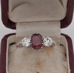 Art Deco 1.90 Ct Natural Unheated Red Spinel 1.0 Ct Diamond Platinum Trilogy Rin