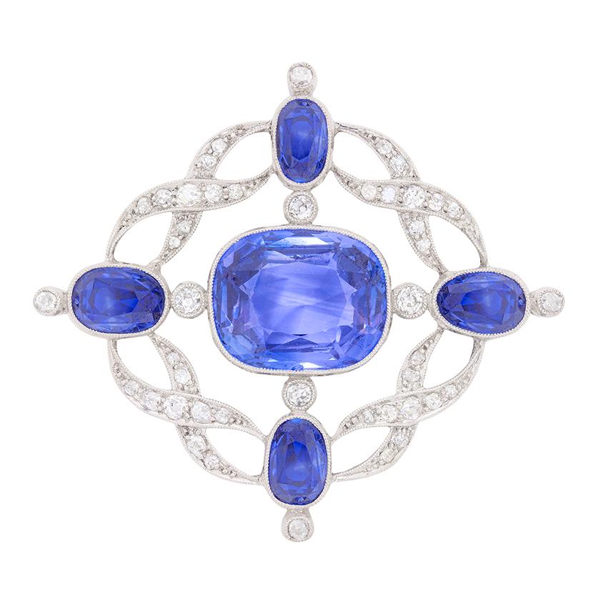 Art Deco 19.00 Carat Sapphire & Diamond Brooch, c.1920s For Sale