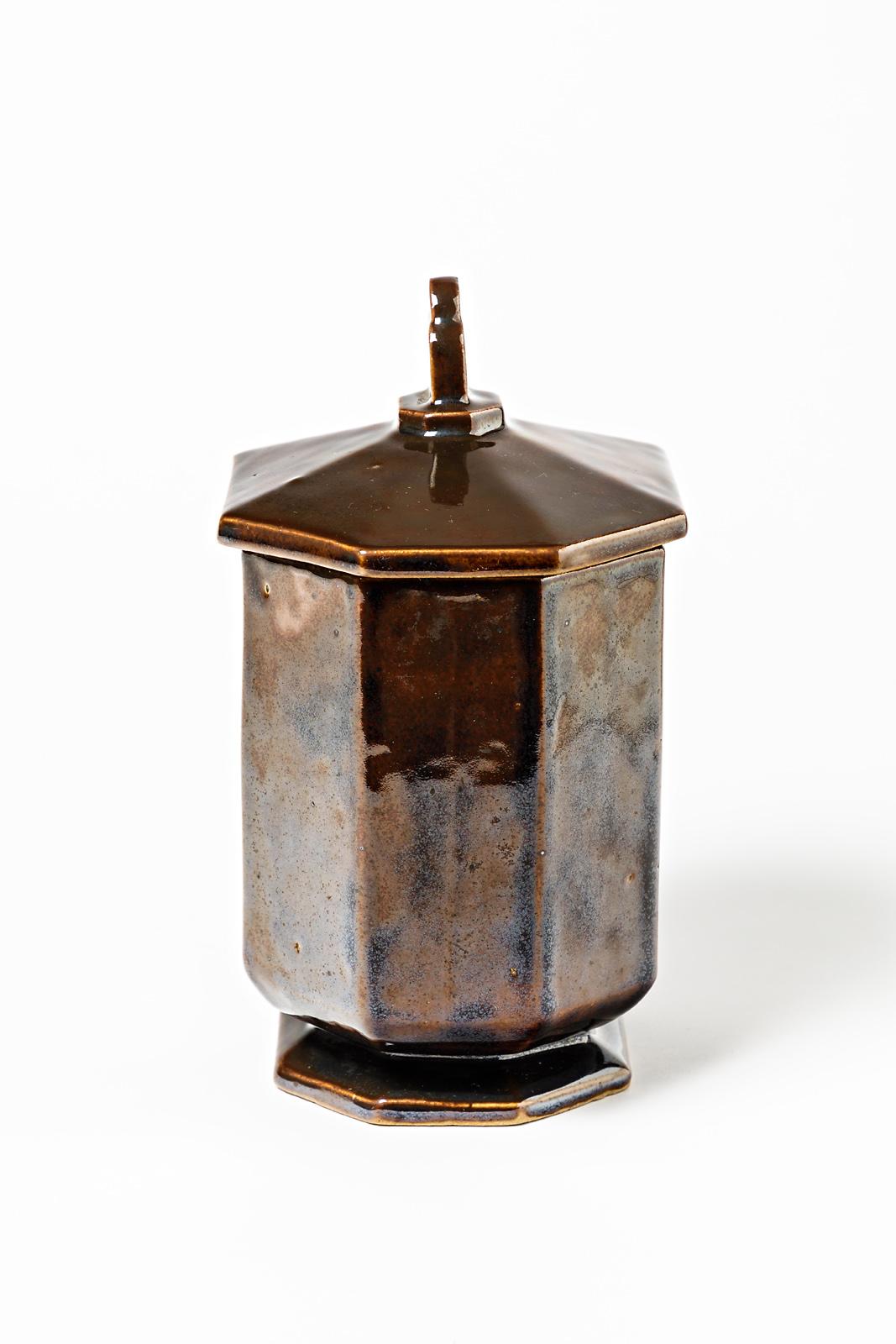 20th Century Art Deco 1900 Stoneware Ceramic Brown Decorative Box Gentil & Bourdet French Art For Sale