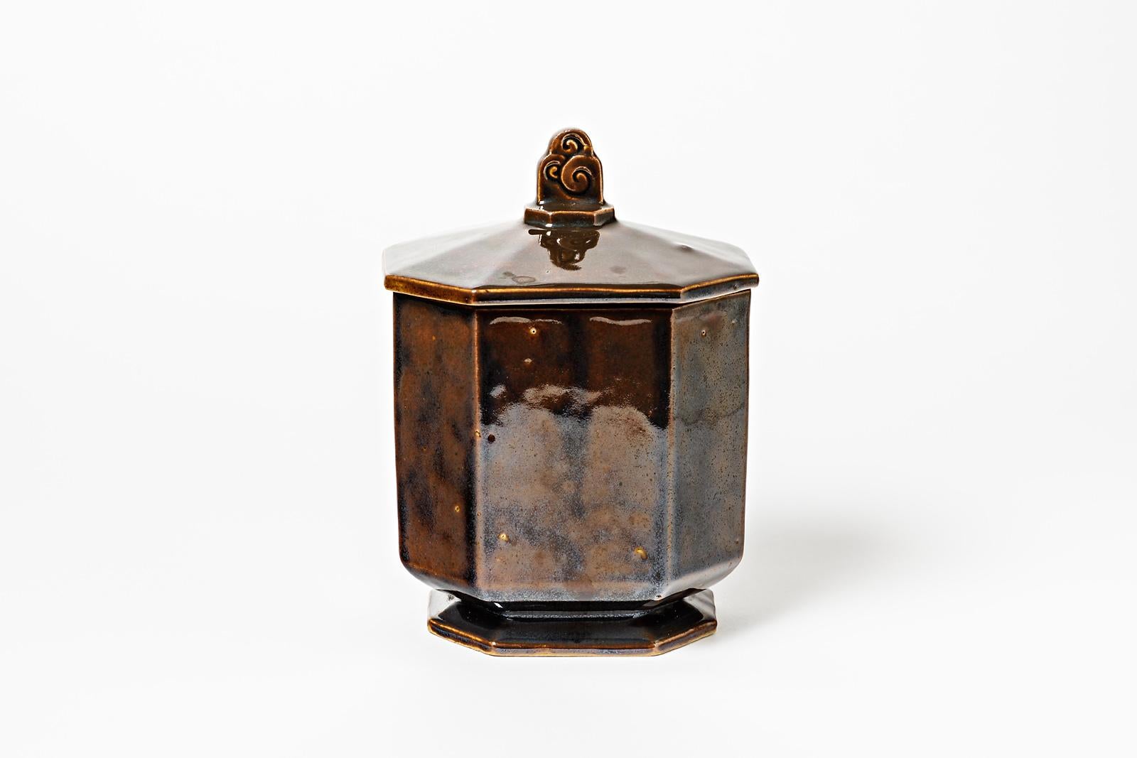 Art Deco 1900 Stoneware Ceramic Brown Decorative Box Gentil & Bourdet French Art For Sale 1