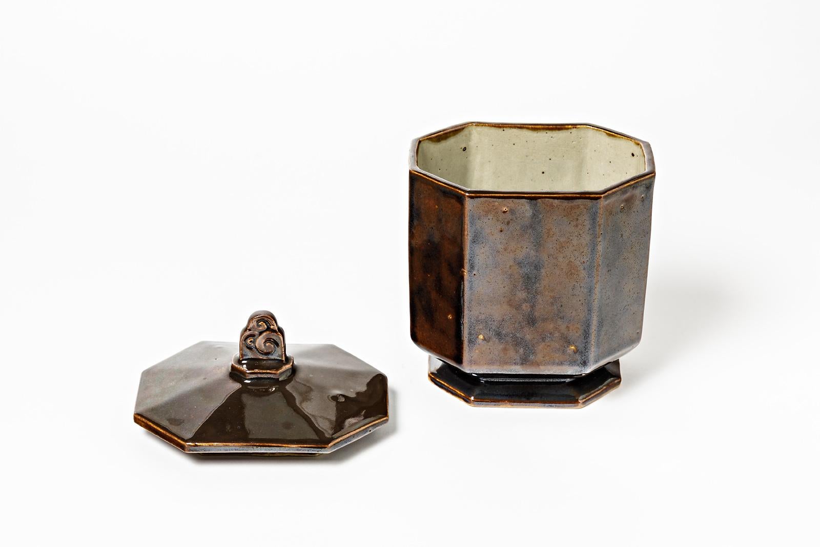 Art Deco 1900 Stoneware Ceramic Brown Decorative Box Gentil & Bourdet French Art For Sale 2