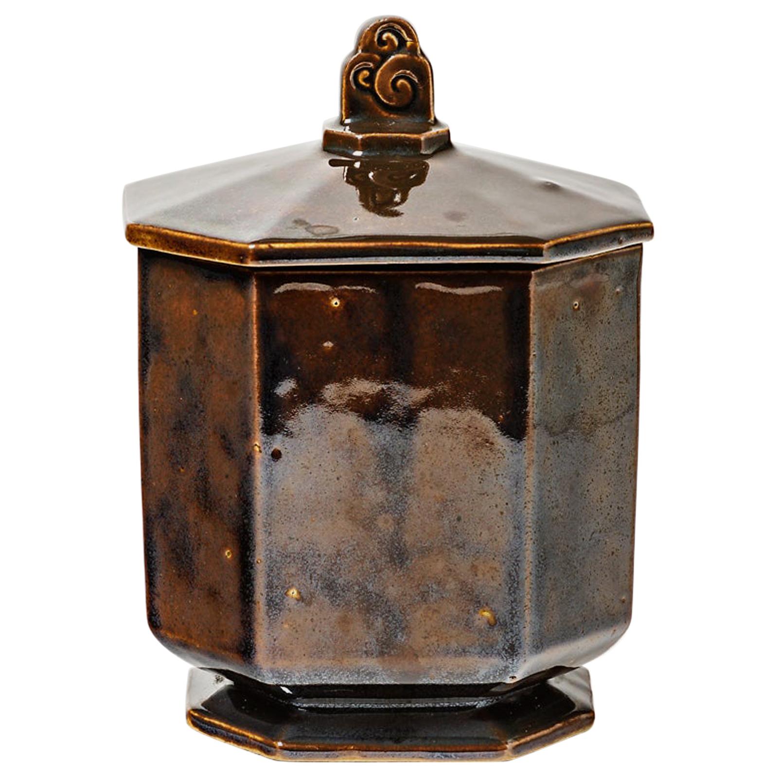 Art Deco 1900 Stoneware Ceramic Brown Decorative Box Gentil & Bourdet French Art For Sale