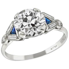 Anello di fidanzamento Art Deco in platino con zaffiro e diamante da 1,91 carati