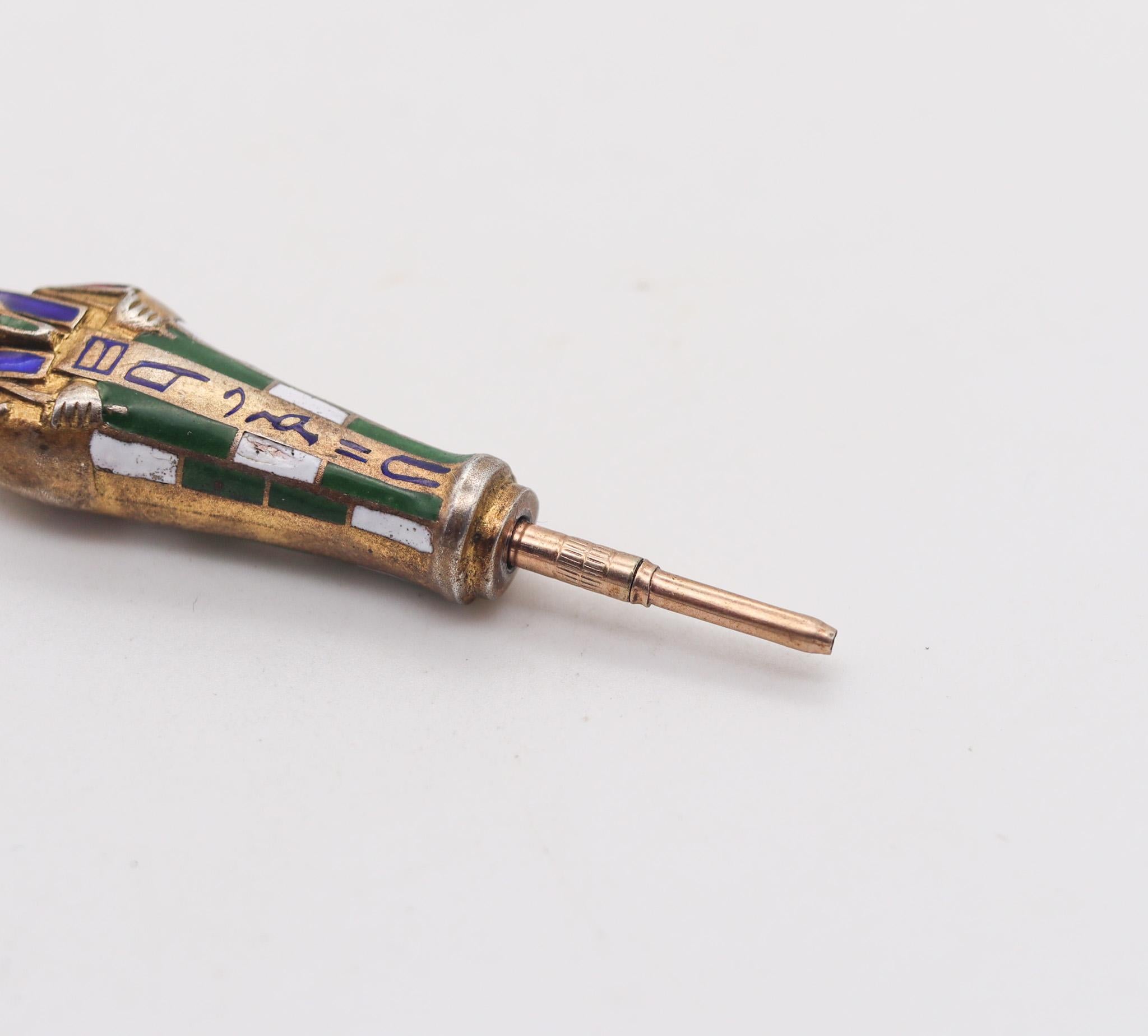 Art Deco 1913 Egyptian Revival Pharaoh Retractable Pencil .800 Silver And Enamel In Excellent Condition For Sale In Miami, FL