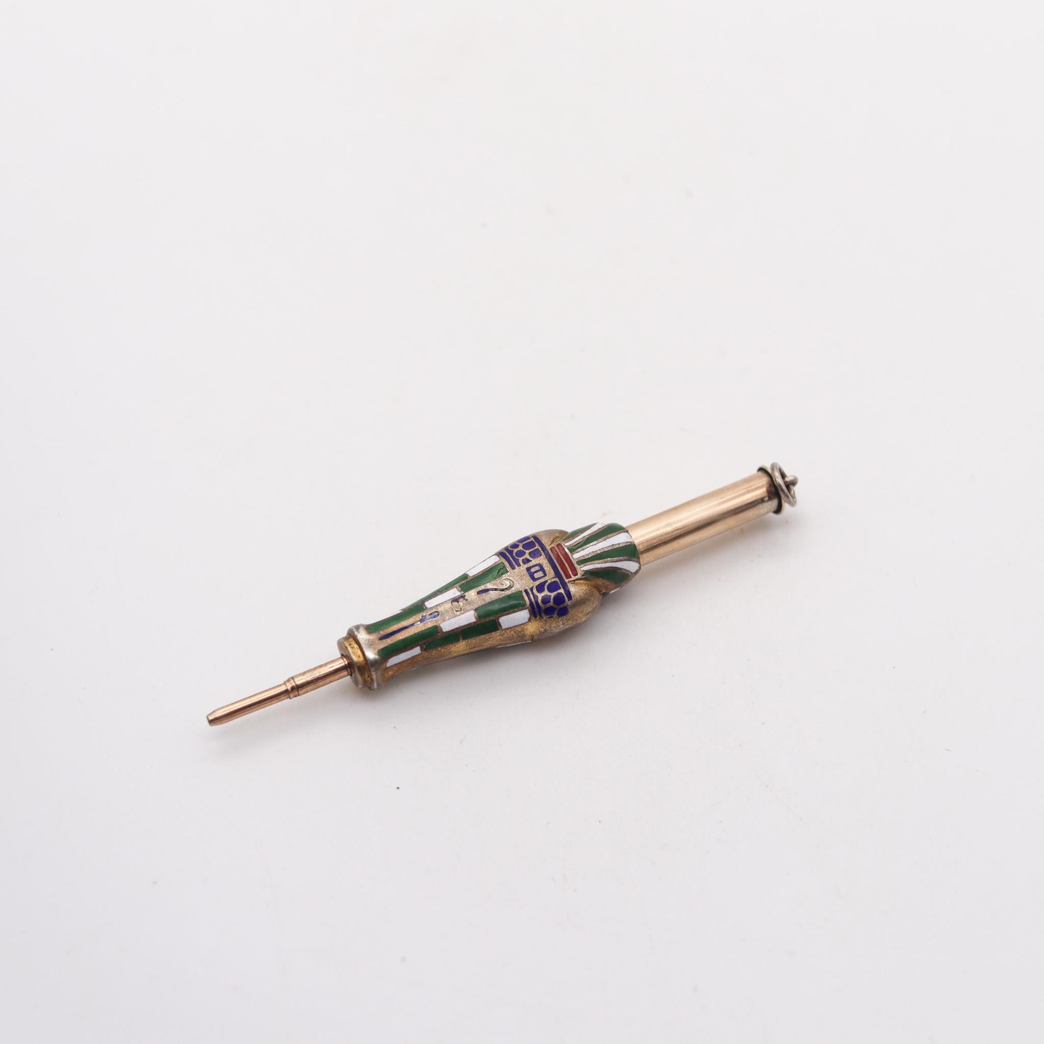 Early 20th Century Art Deco 1913 Egyptian Revival Pharaoh Retractable Pencil .800 Silver And Enamel For Sale
