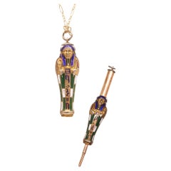 Used Art Deco 1913 Egyptian Revival Pharaoh Retractable Pencil .800 Silver And Enamel
