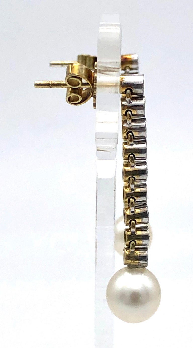 Round Cut Art Deco 1915 Diamond Platinum Gold Cultured Pearls Drop Dangle Earrings For Sale