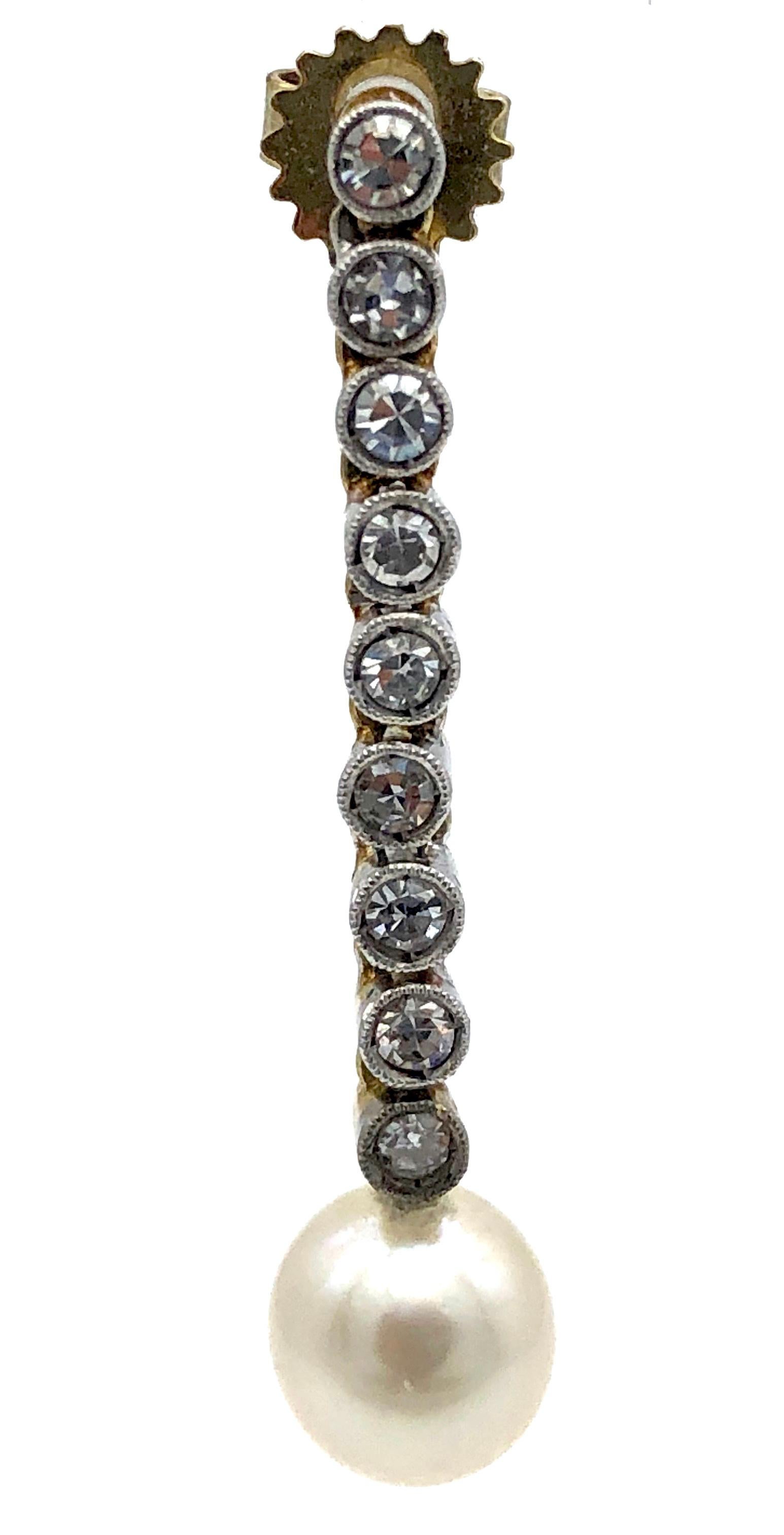 Art Deco 1915 Diamond Platinum Gold Cultured Pearls Drop Dangle Earrings In Good Condition In Munich, Bavaria