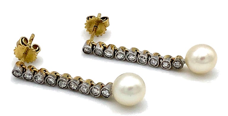 Women's Art Deco 1915 Diamond Platinum Gold Cultured Pearls Drop Dangle Earrings For Sale