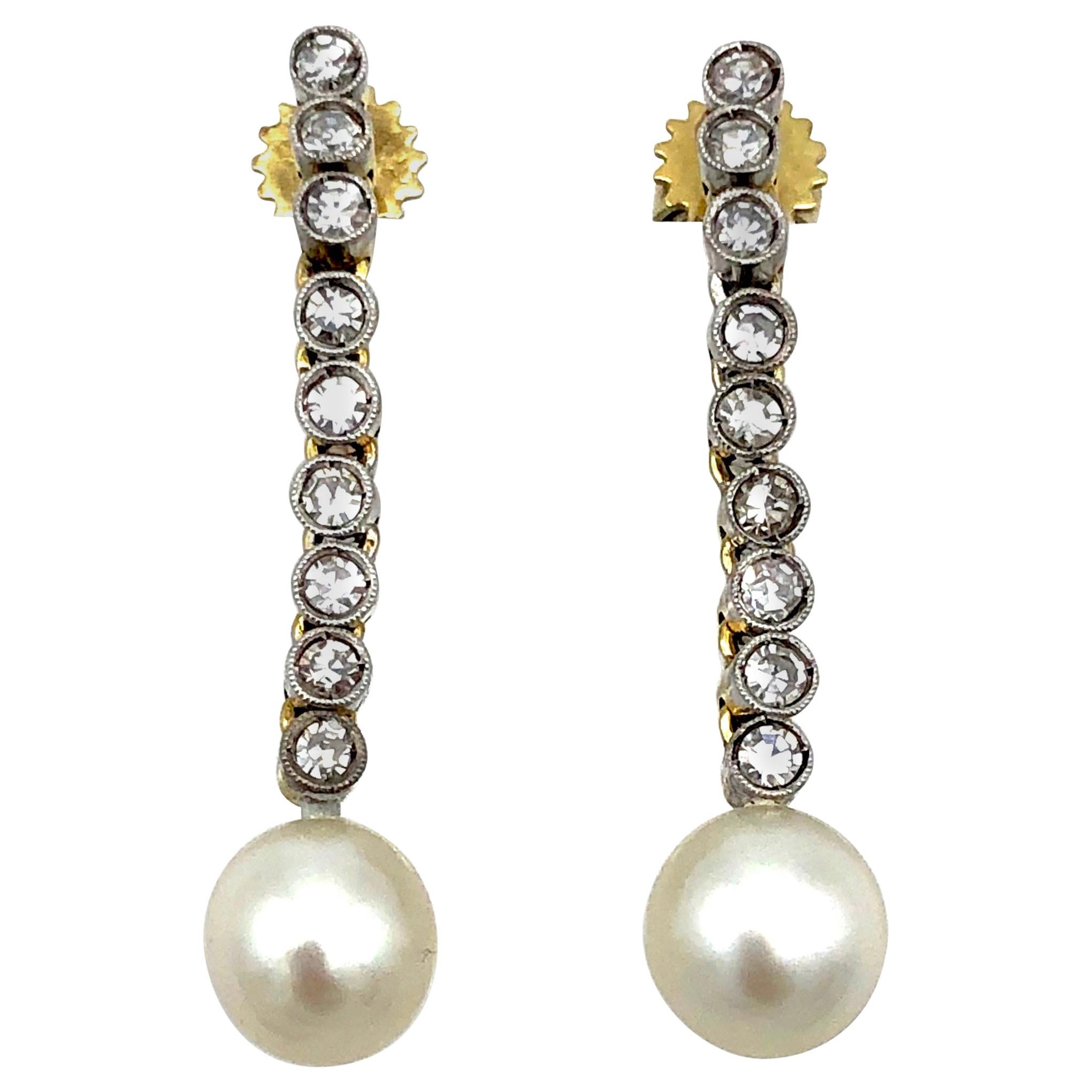 Art Deco 1915 Diamond Platinum Gold Cultured Pearls Drop Dangle Earrings