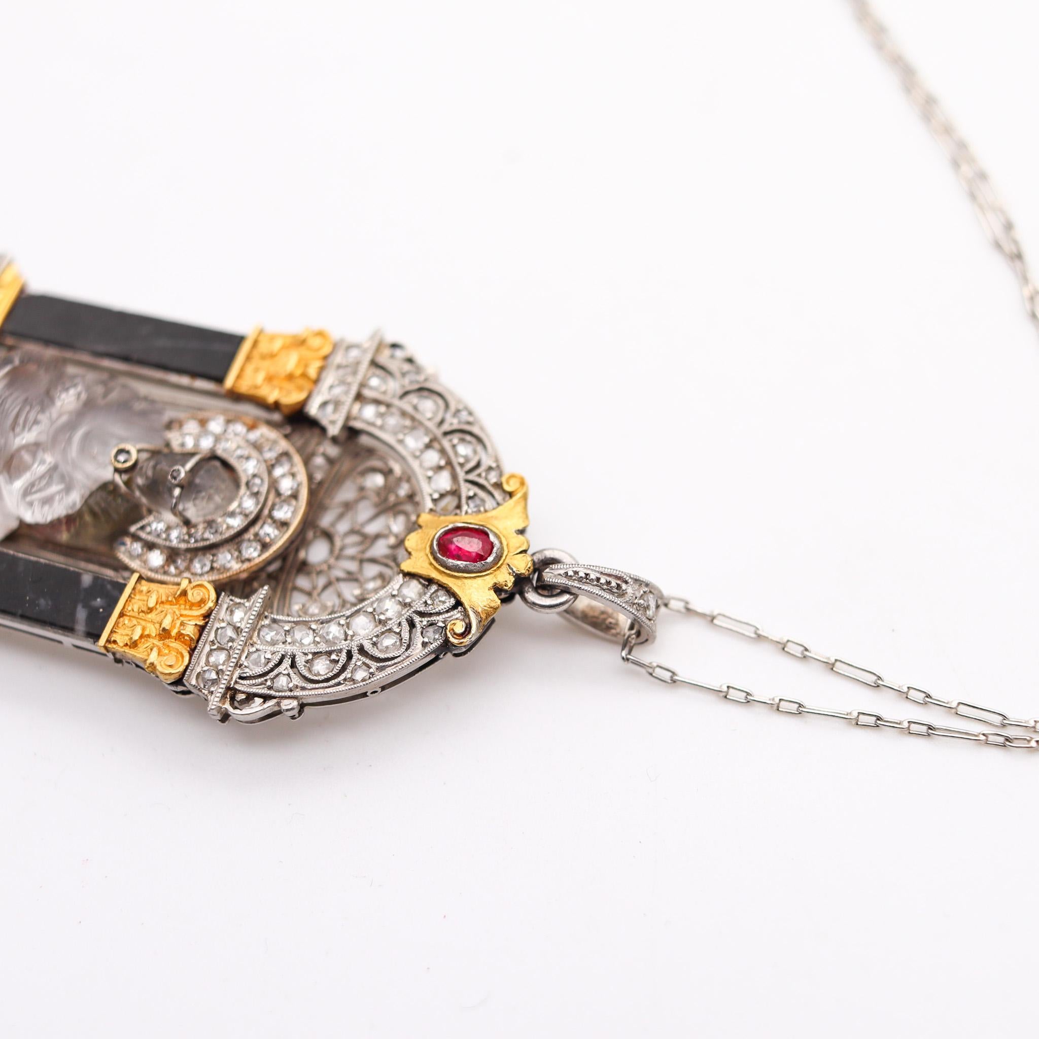 Art Deco 1915 Enthroned Buddha Necklace in Platinum 18k Gold Diamonds & Quartz For Sale 2