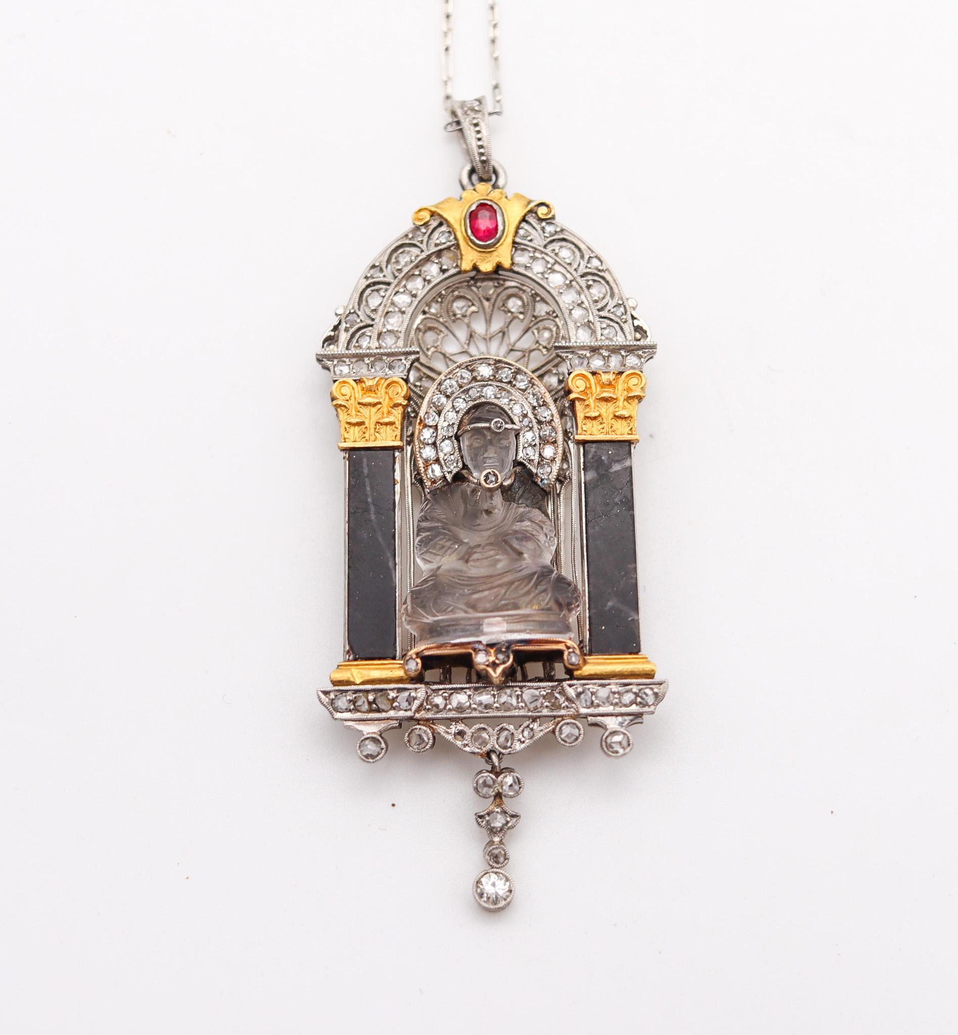 Art Deco 1915 Enthroned Buddha Necklace in Platinum 18k Gold Diamonds & Quartz For Sale 1