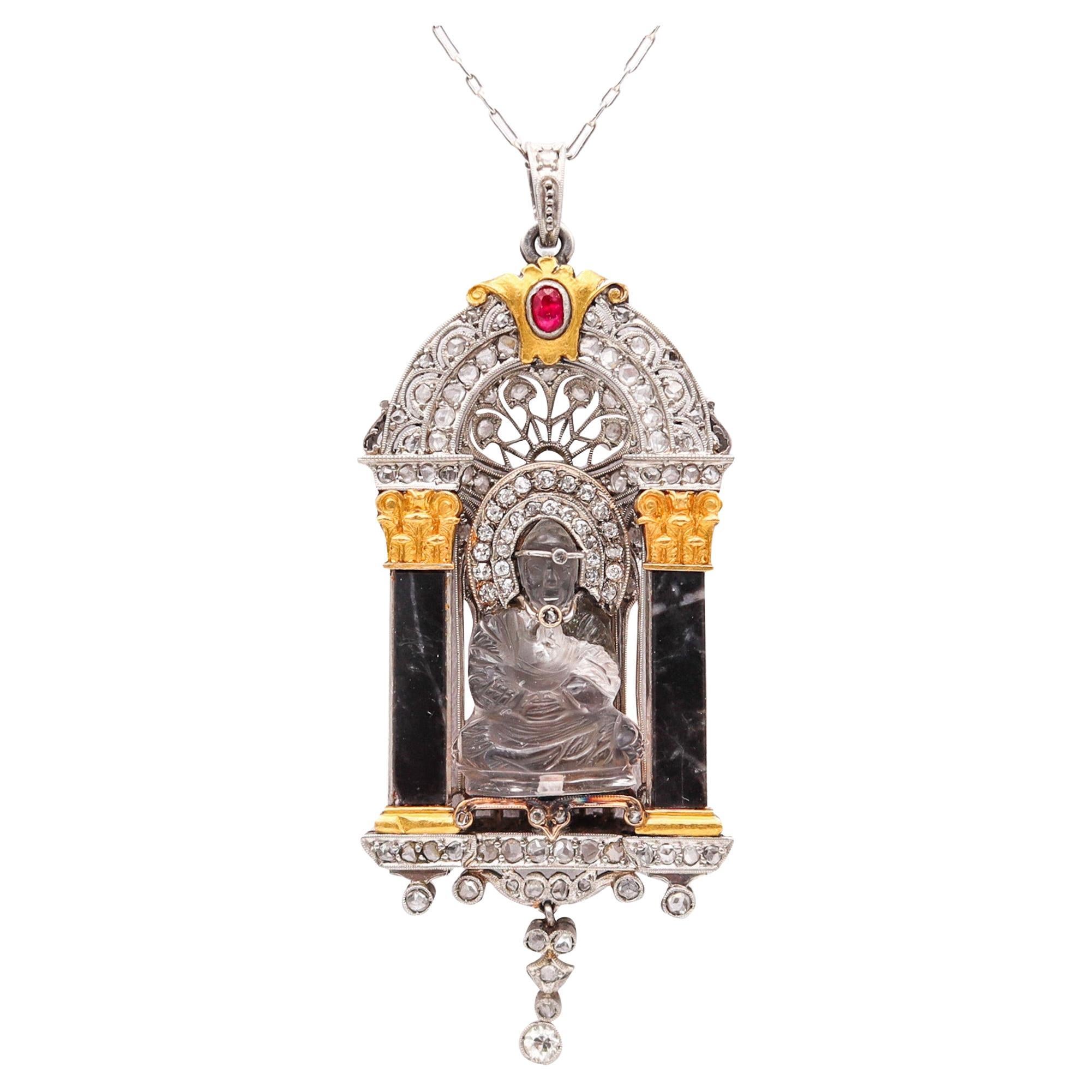 Art Deco 1915 Enthroned Buddha Necklace in Platinum 18k Gold Diamonds & Quartz For Sale
