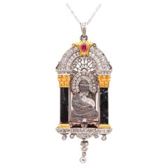 Art Deco 1915 Enthroned Buddha Necklace in Platinum 18k Gold Diamonds & Quartz