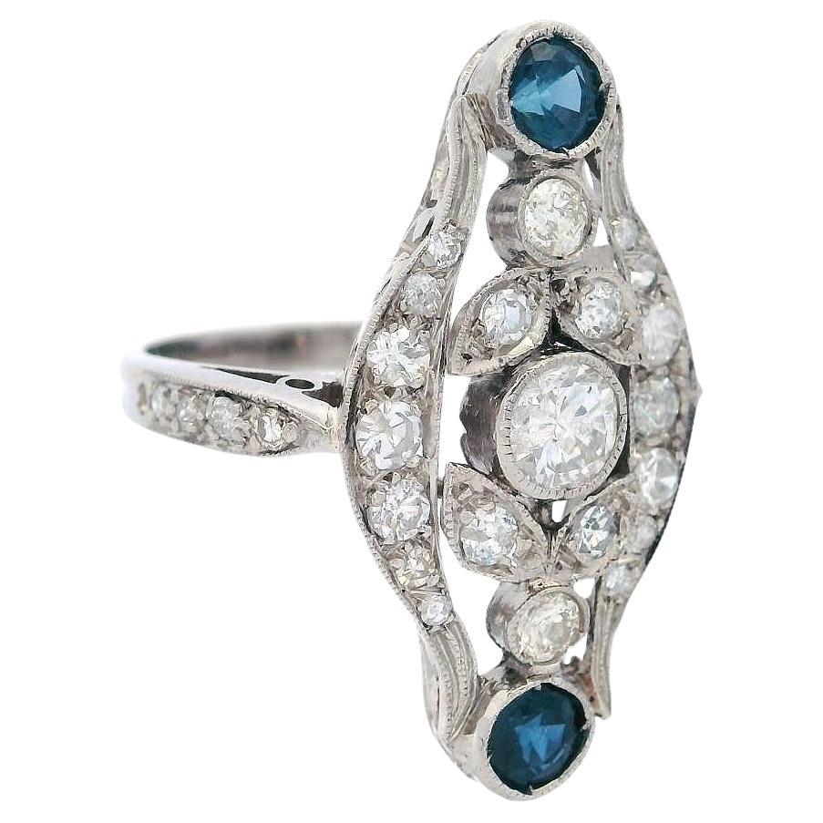 Art Deco 1915 filigree 18kt gold white Ring with Diamonds and Sapphires