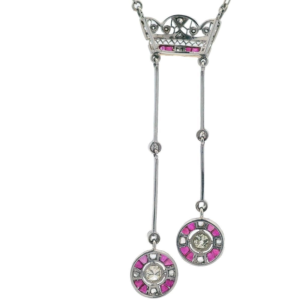 Art Déco 1915 Collar de Platino con Diamantes y Rubíes Talla antigua en venta