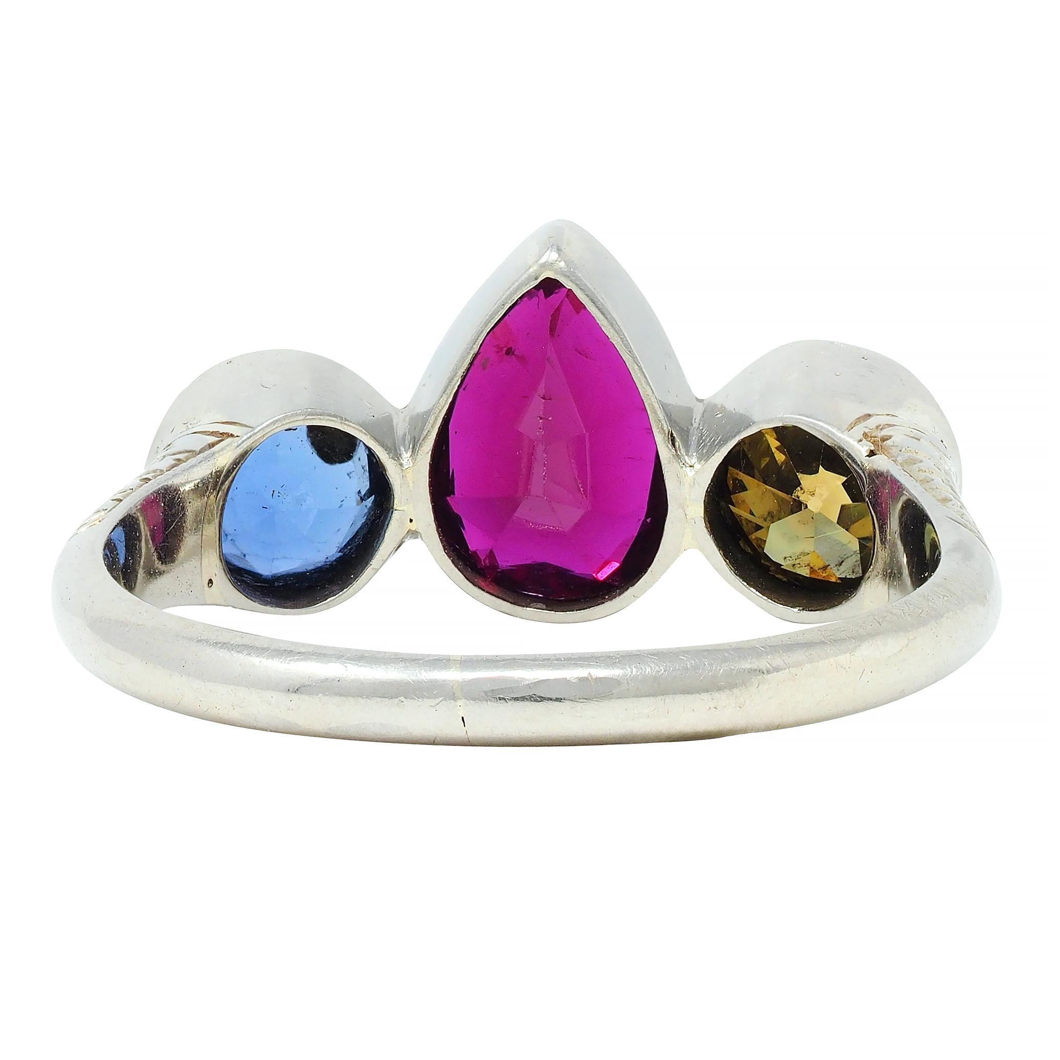 Women's or Men's Art Deco 1.92 CTW Ruby Sapphire Fancy Green Diamond 14 Karat White Gold Ring