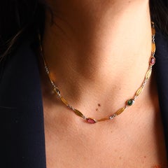 Art Deco 1920 18k yellow Gold and Platinum Necklace with multicolor Gemstones