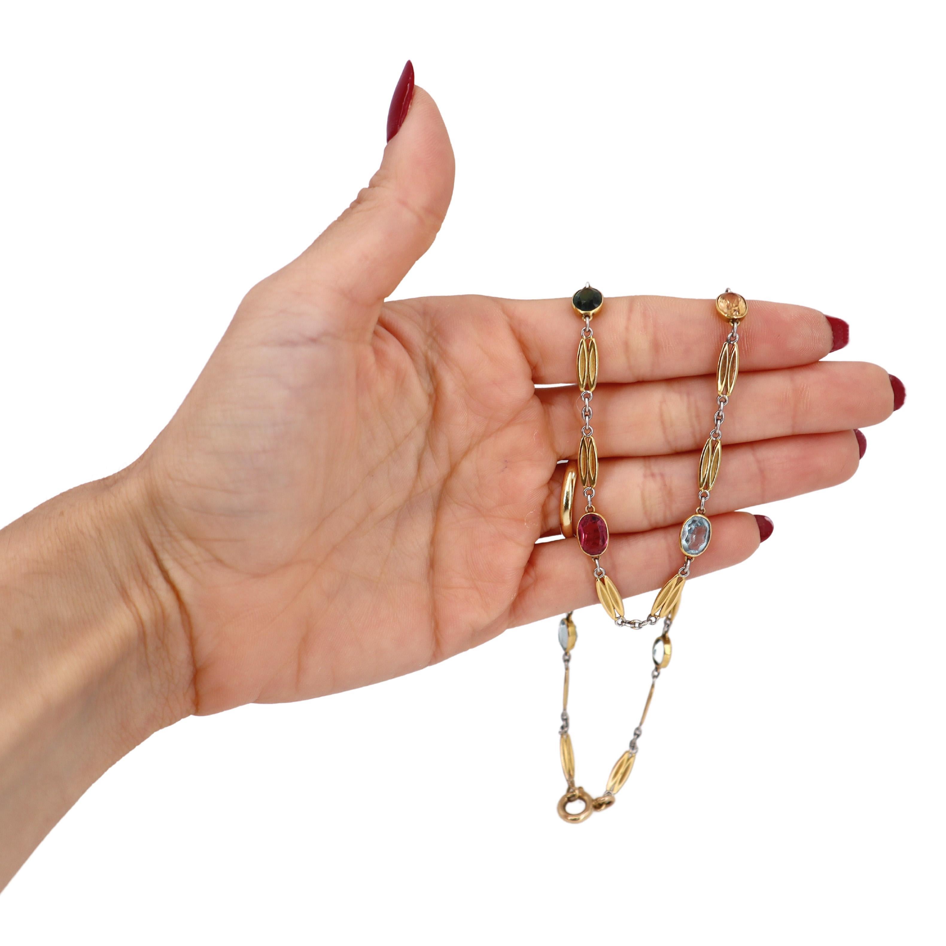 Oval Cut Art Deco 1920 18k yellow Gold and Platinum Necklace with multicolor Gemstones For Sale