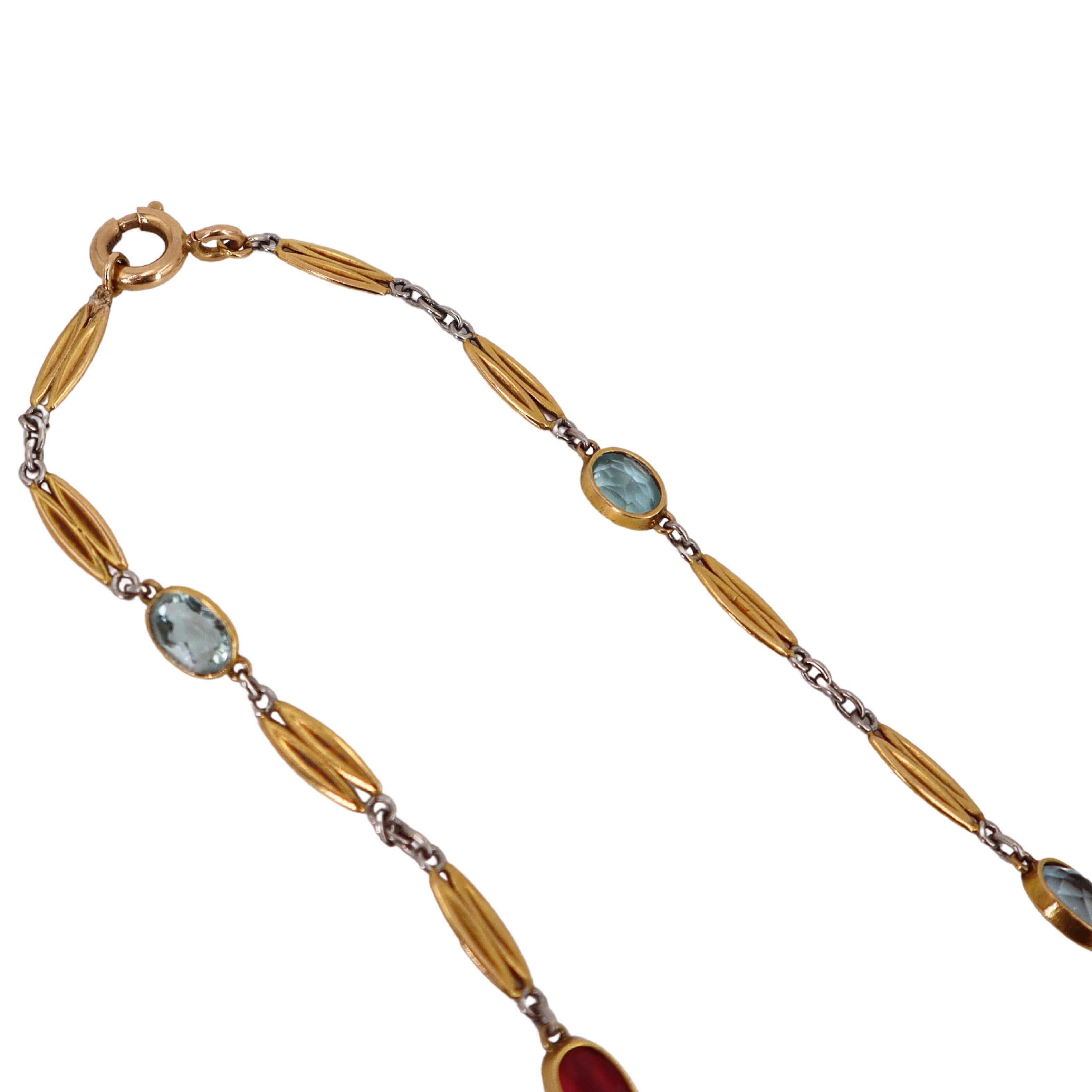 Women's or Men's Art Deco 1920 18k yellow Gold and Platinum Necklace with multicolor Gemstones For Sale