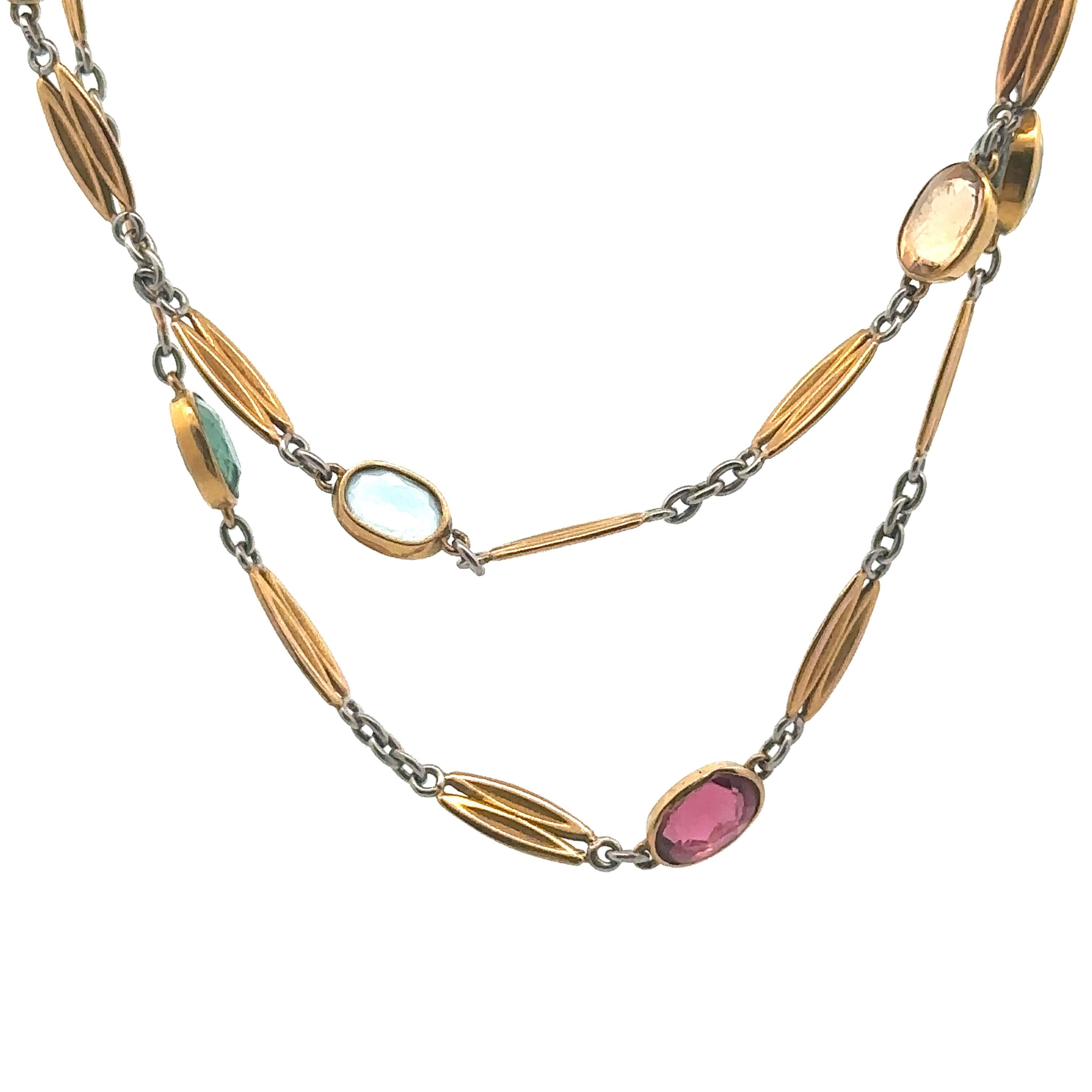 Art Deco 1920 18k yellow Gold and Platinum Necklace with multicolor Gemstones For Sale 1
