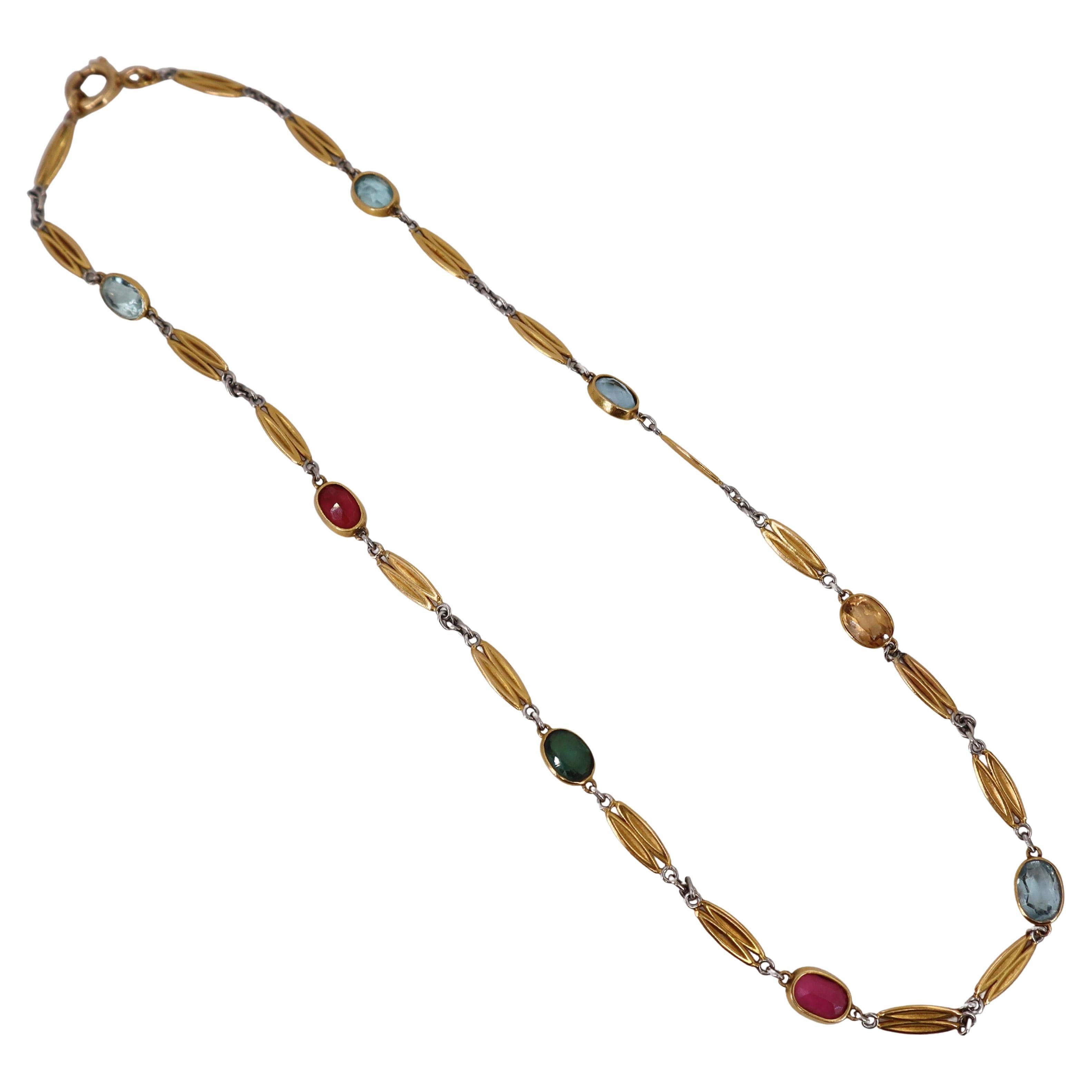 Art Deco 1920 18k yellow Gold and Platinum Necklace with multicolor Gemstones
