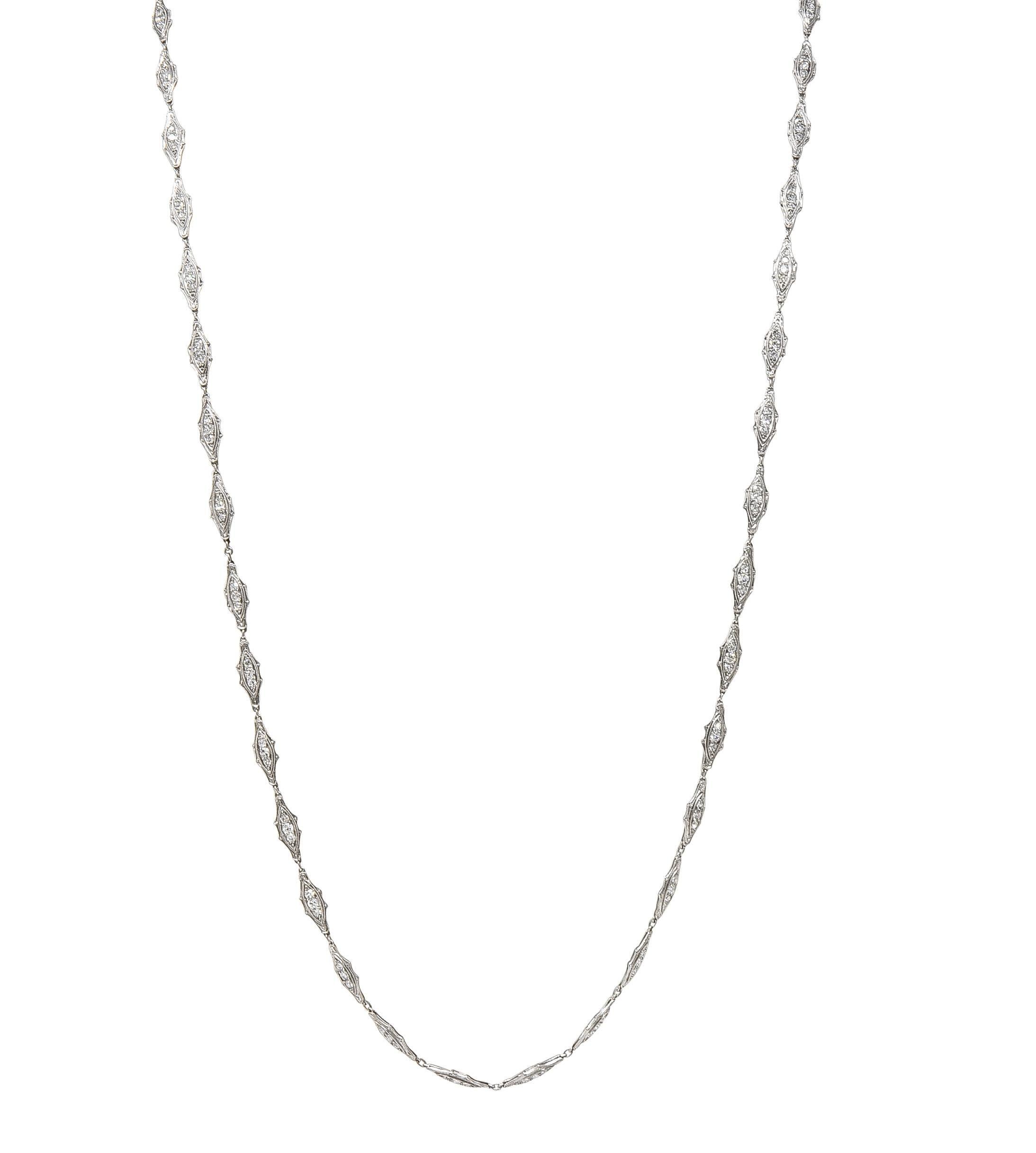 Art Deco 1920 4.60 CTW Diamond Platinum Fancy Link Antique Chain Necklace In Excellent Condition For Sale In Philadelphia, PA