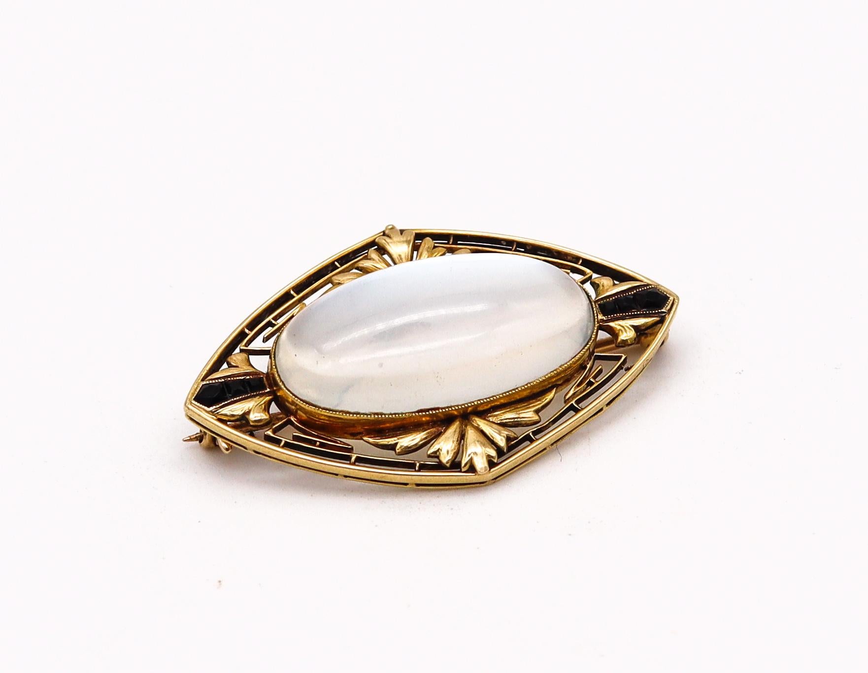 Cabochon Art Deco 1920 Antique Pendant Brooch 18kt Gold with 29.58 Ctw Moonstone & Onyx