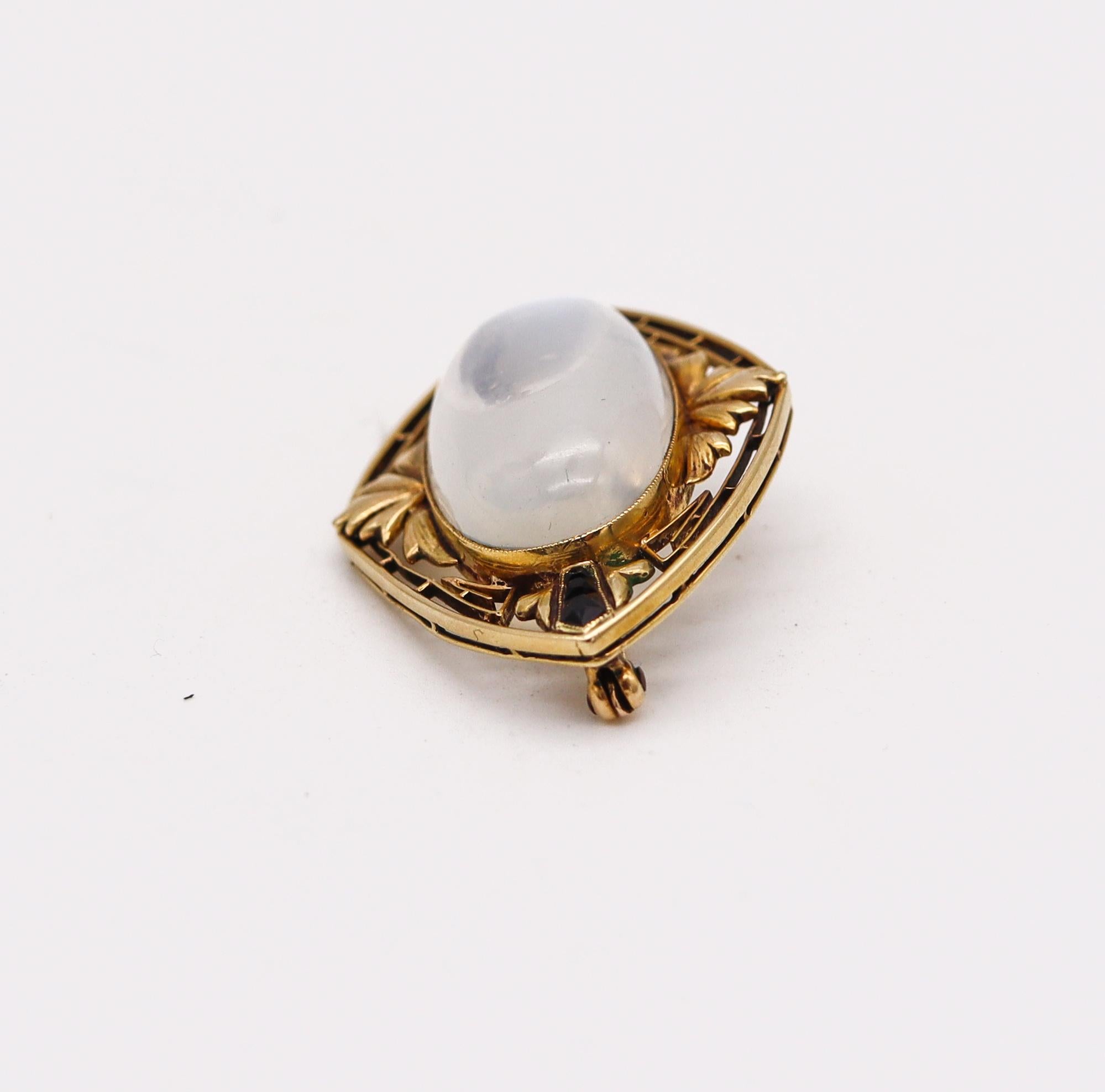 Art Deco 1920 Antique Pendant Brooch 18kt Gold with 29.58 Ctw Moonstone & Onyx In Excellent Condition In Miami, FL