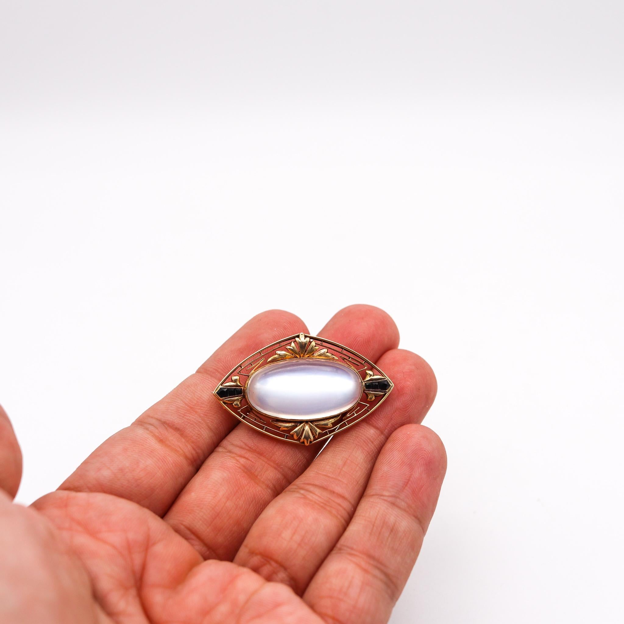 Art Deco 1920 Antique Pendant Brooch 18kt Gold with 29.58 Ctw Moonstone & Onyx 2