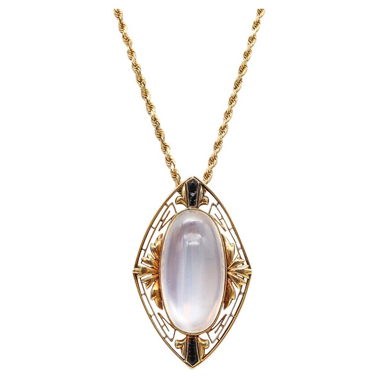 Art Deco 1920 Antique Pendant Brooch 18kt Gold with 29.58 Ctw Moonstone and  Onyx