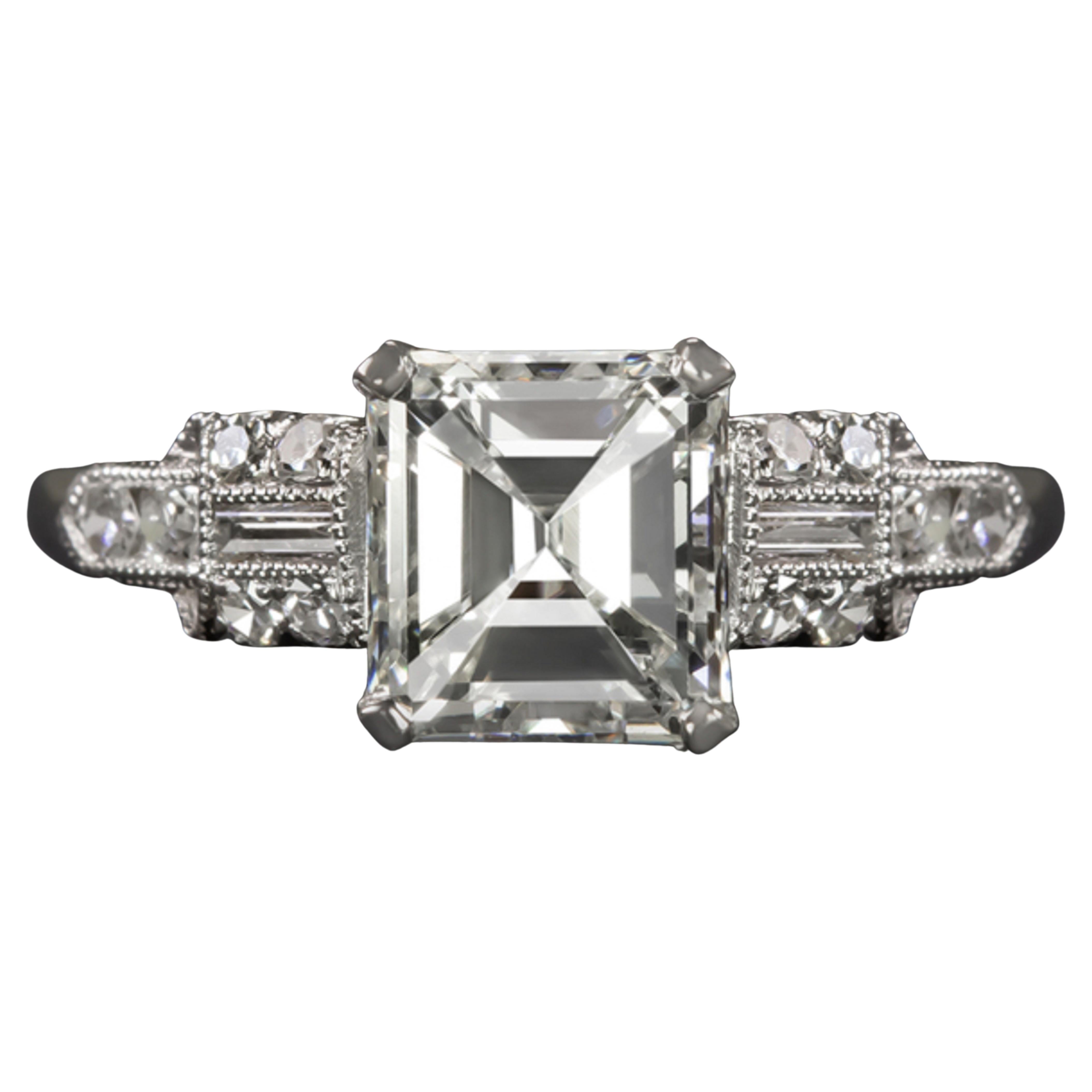 Art Deco Style Square Emerald Cut Platinum Ring  For Sale