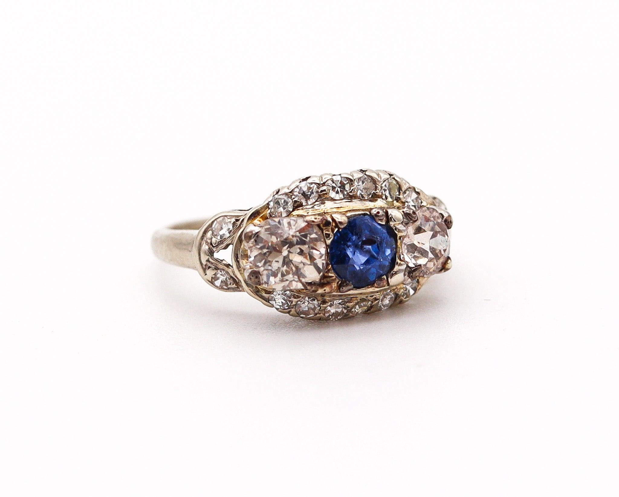 Art Deco ART DECO 1920 Band Ring In 18Kt White Gold With 1.36 Ctw In Diamonds & Sapphire For Sale