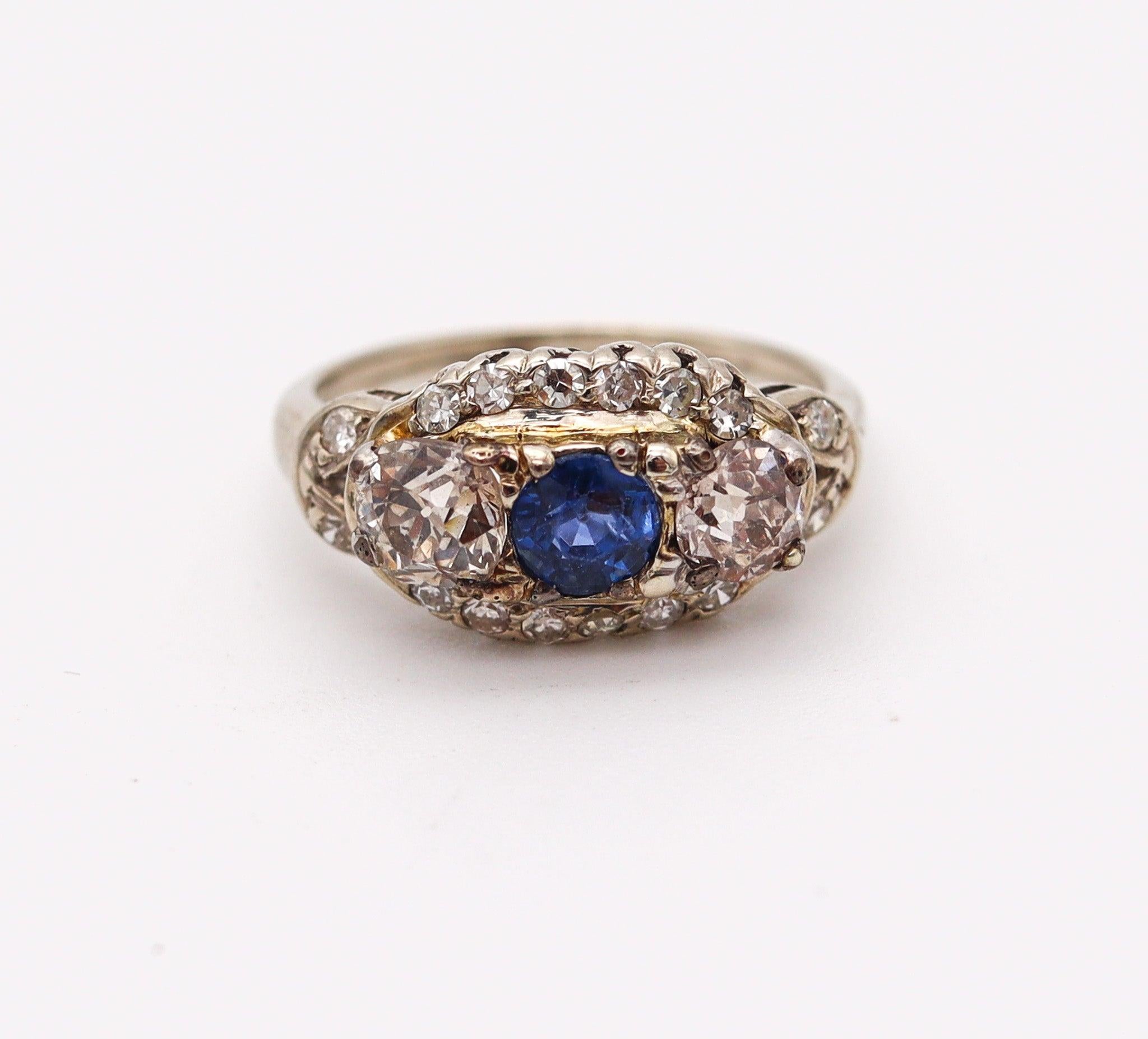 Round Cut ART DECO 1920 Band Ring In 18Kt White Gold With 1.36 Ctw In Diamonds & Sapphire For Sale