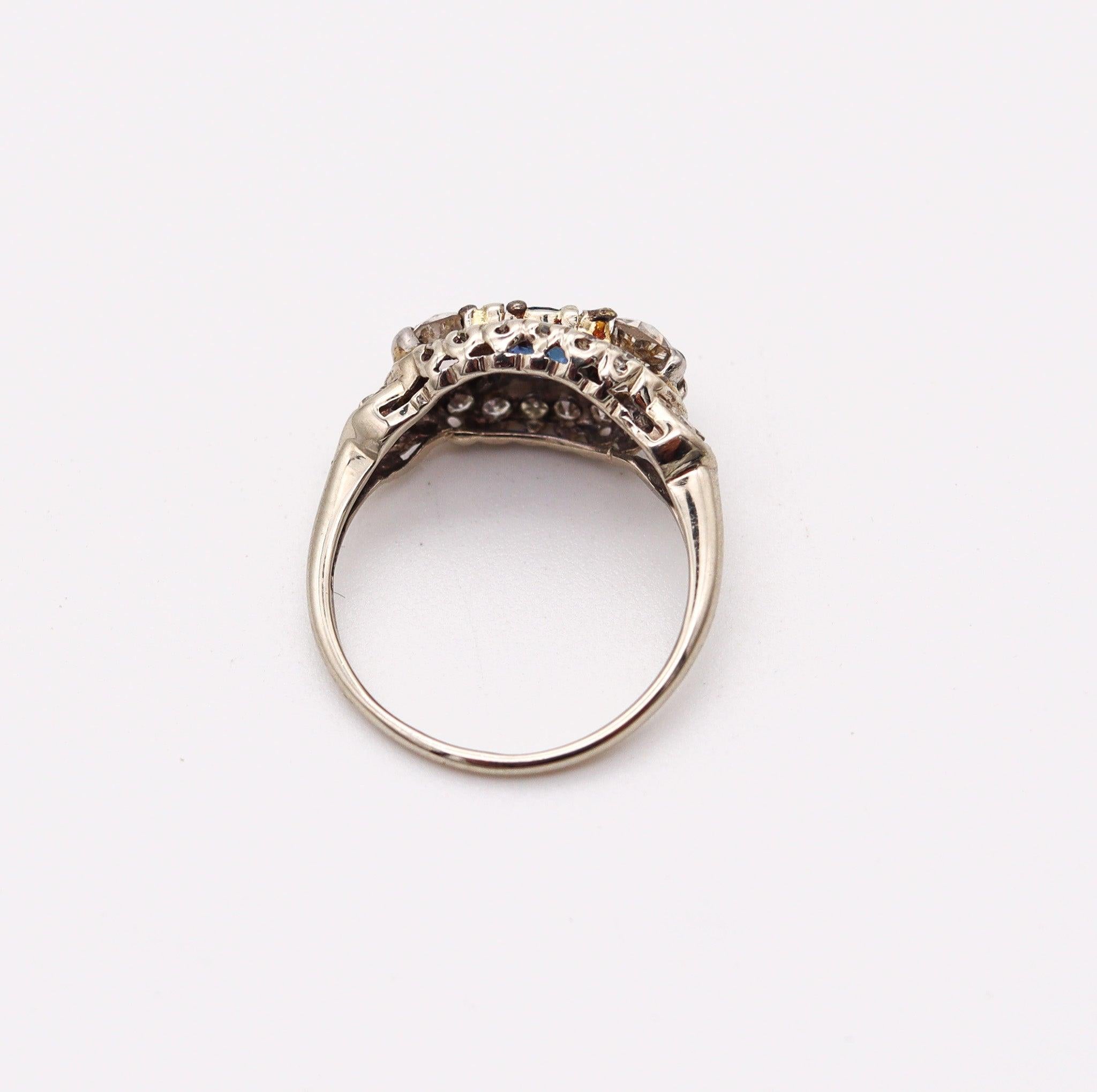 Women's ART DECO 1920 Band Ring In 18Kt White Gold With 1.36 Ctw In Diamonds & Sapphire For Sale