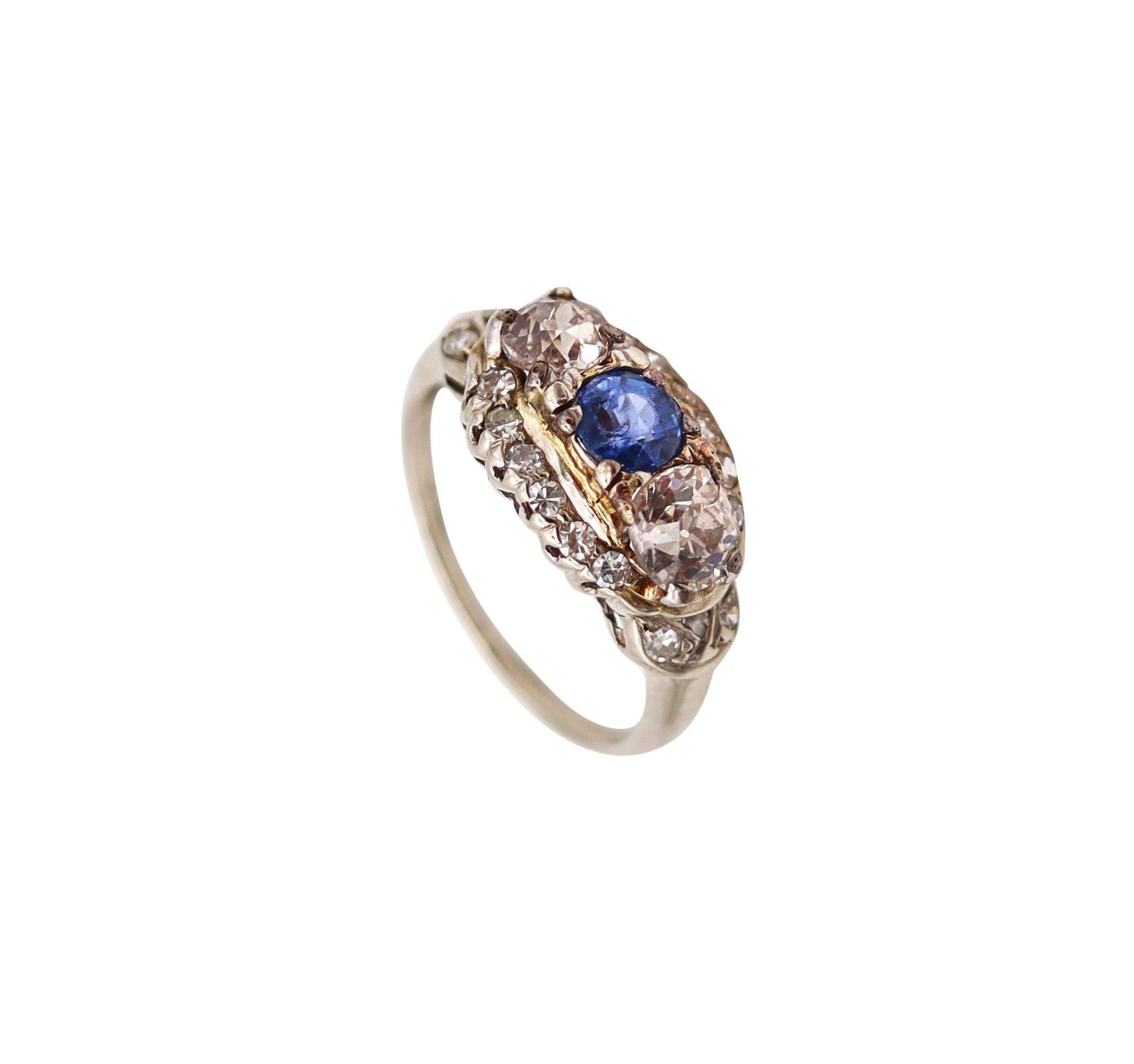 ART DECO 1920 Band Ring In 18Kt White Gold With 1.36 Ctw In Diamonds & Sapphire For Sale 2