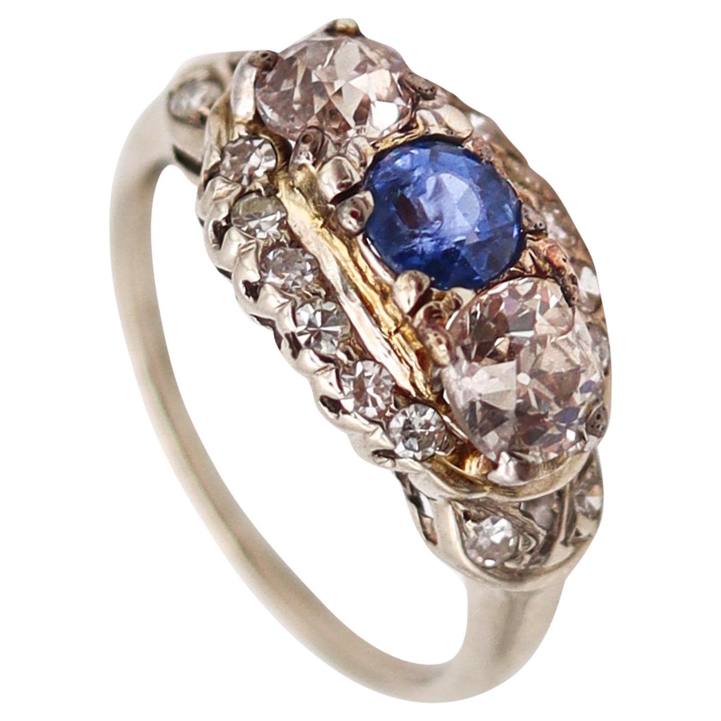 Anillo ART DECO 1920 de oro blanco de 18 quilates con 1,36 quilates de diamantes y zafiro