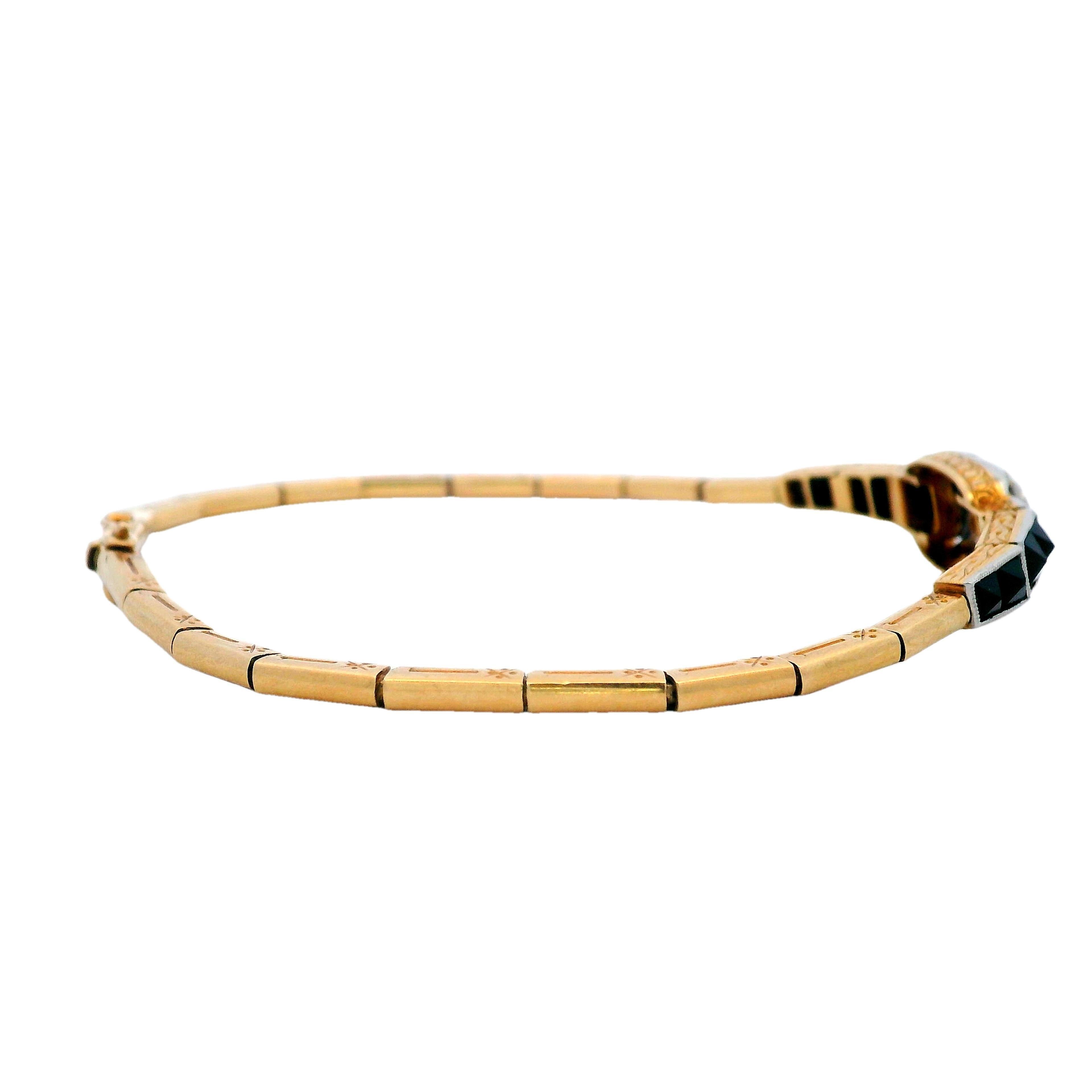 Pulsera Art Déco 1920 de oro amarillo de 18 quilates con diamantes y ónice Art Decó en venta