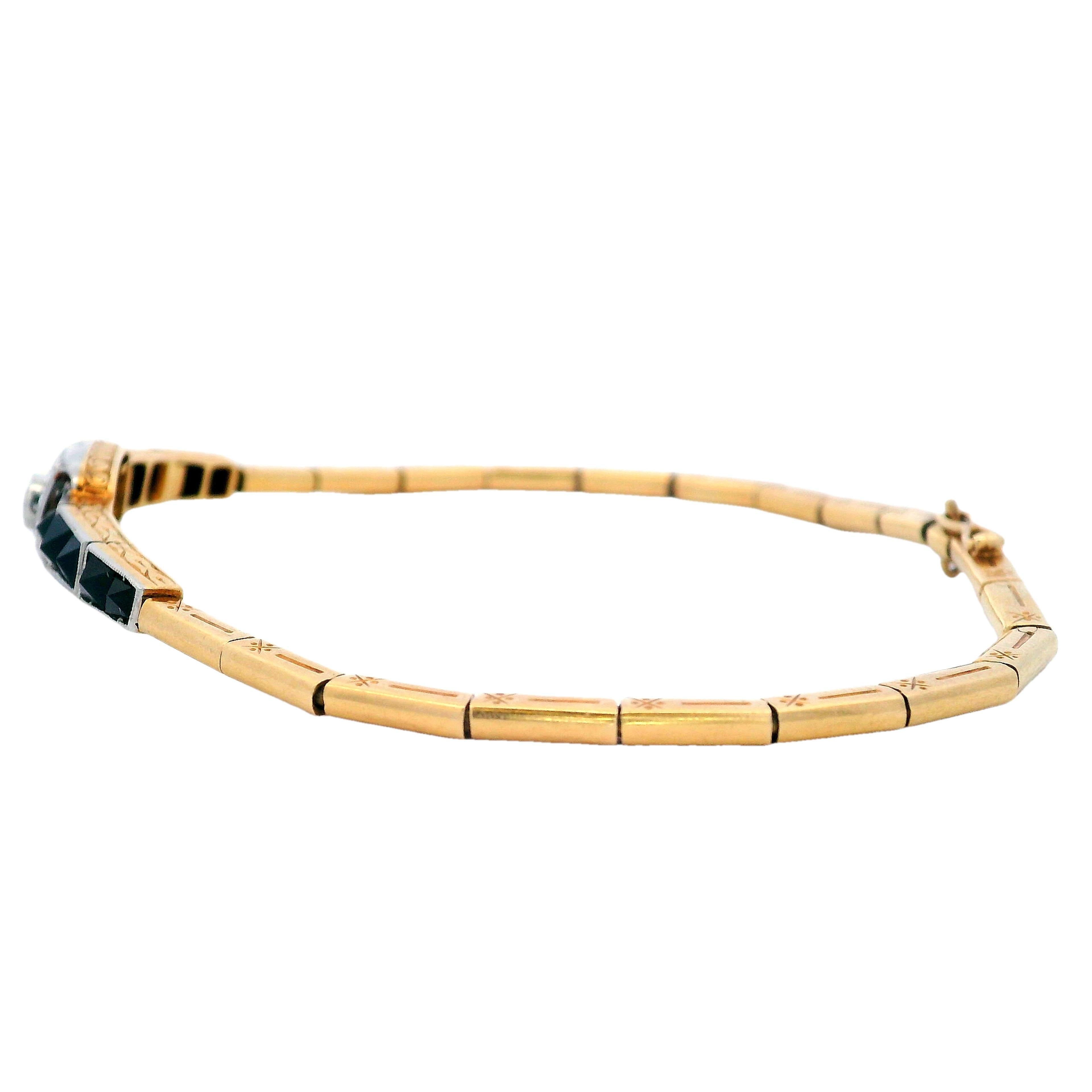 Pulsera Art Déco 1920 de oro amarillo de 18 quilates con diamantes y ónice Talla antigua en venta