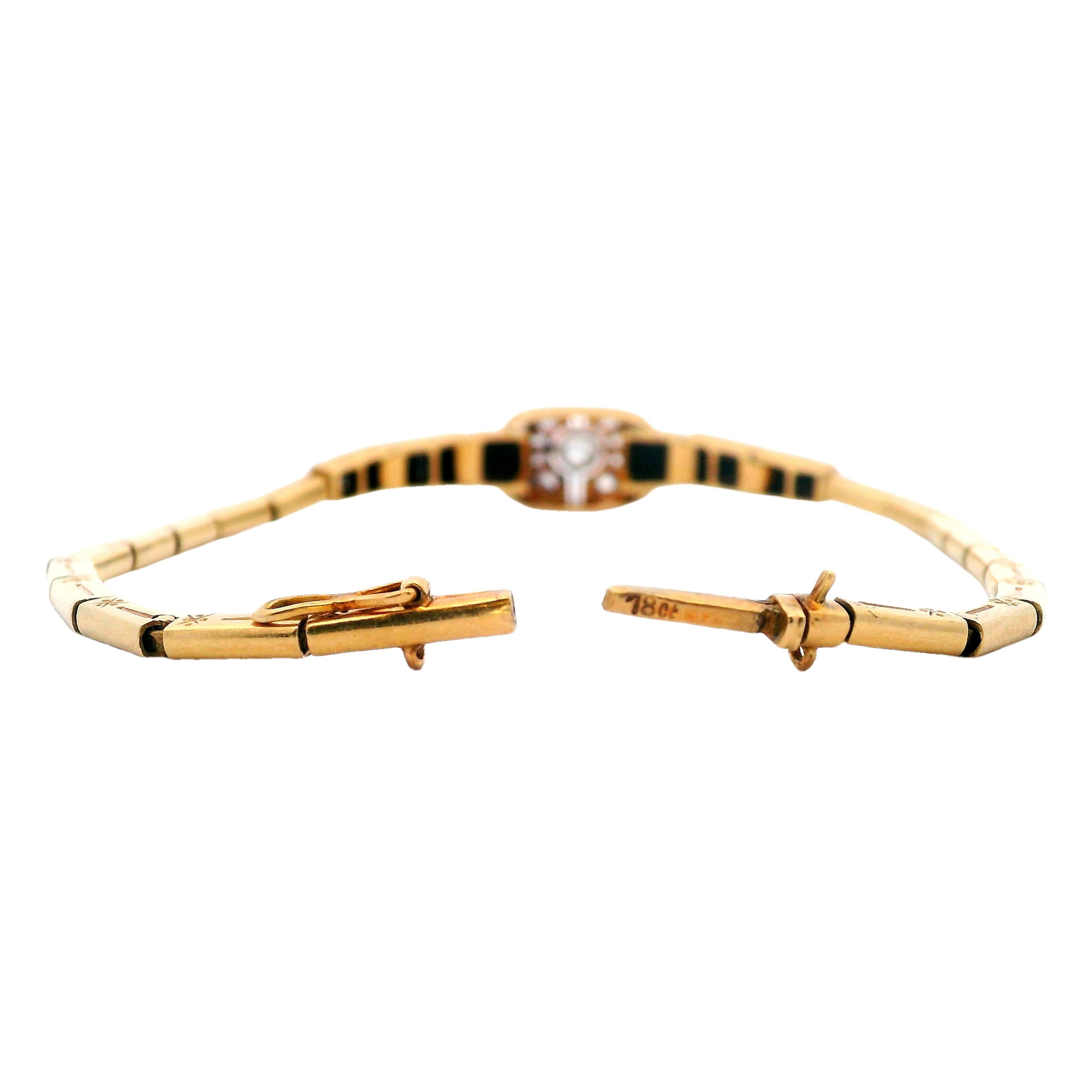 Pulsera Art Déco 1920 de oro amarillo de 18 quilates con diamantes y ónice en venta 1