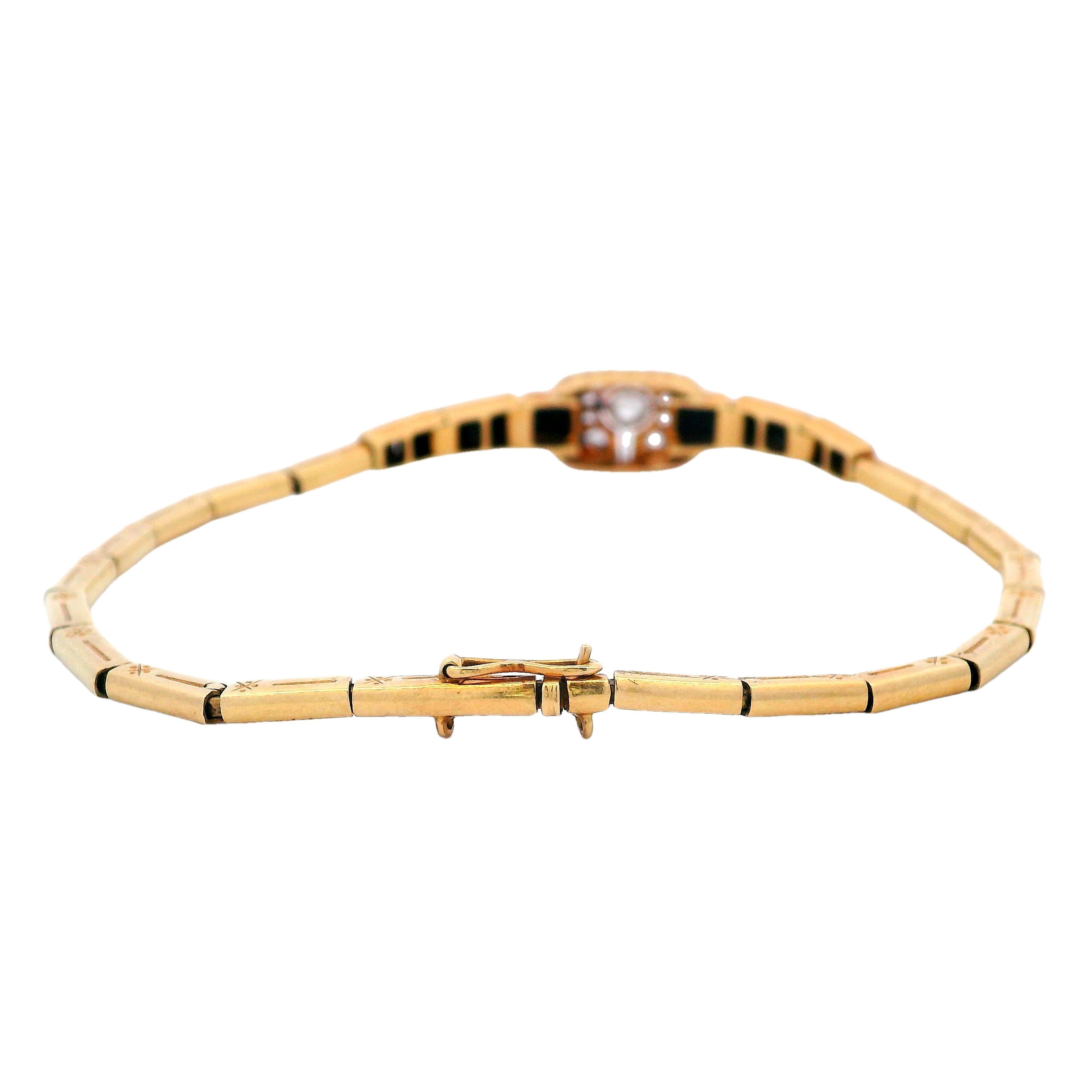 Pulsera Art Déco 1920 de oro amarillo de 18 quilates con diamantes y ónice en venta 2
