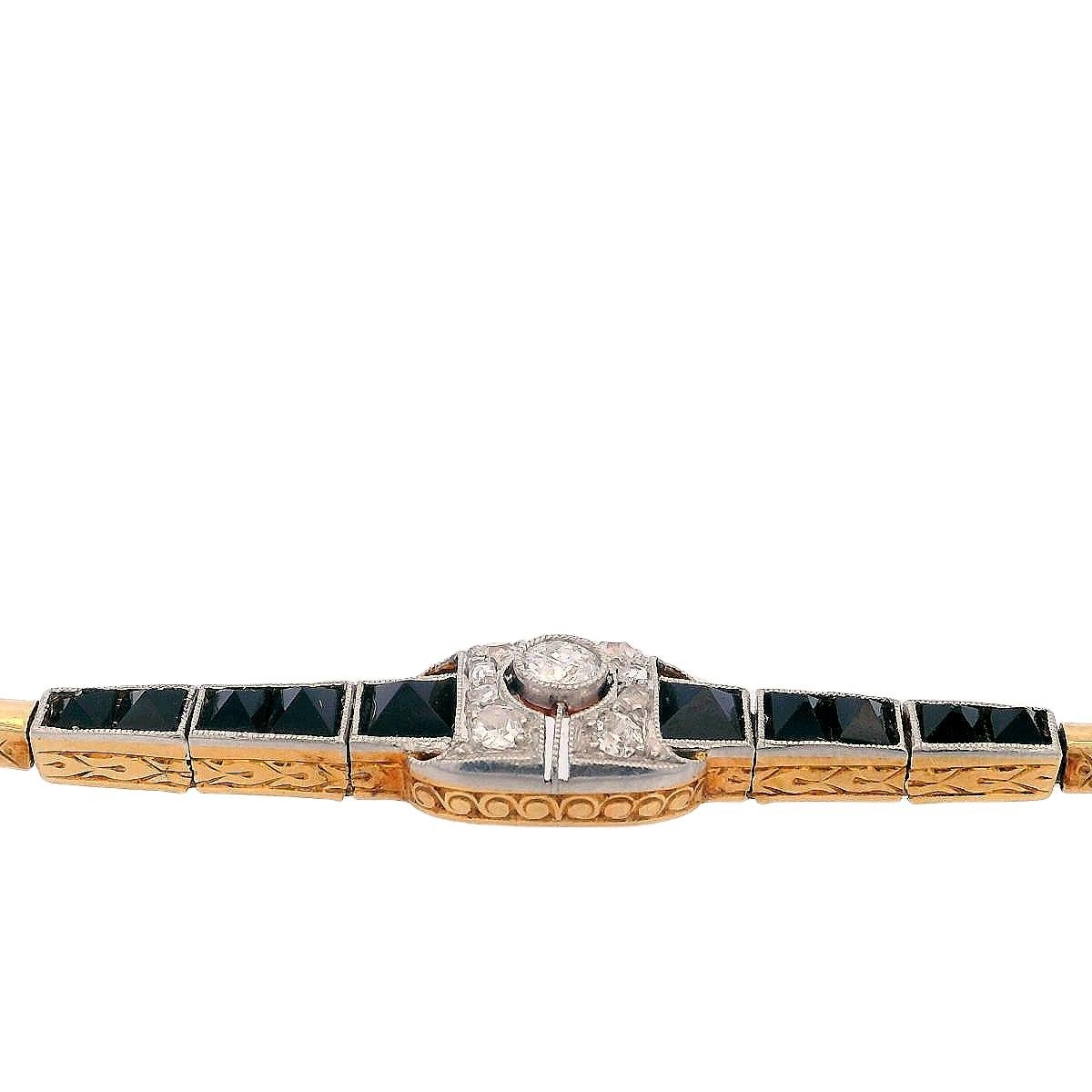 Pulsera Art Déco 1920 de oro amarillo de 18 quilates con diamantes y ónice en Excelente estado para la venta en Aventura, FL