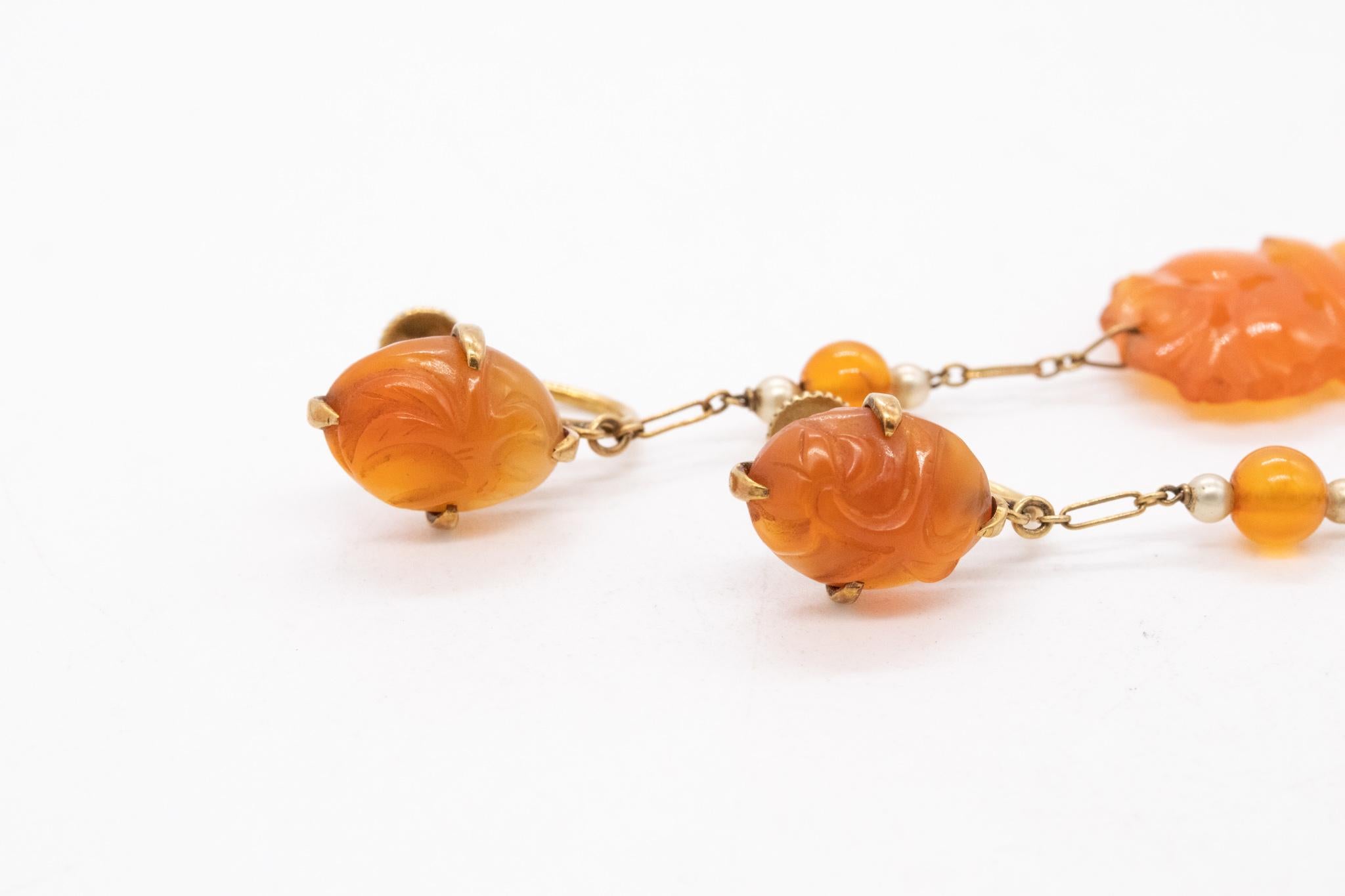 Mixed Cut Art Deco 1920 British Drop Earrings In 18Kt Yellow Gold With Carnelian Pearls For Sale