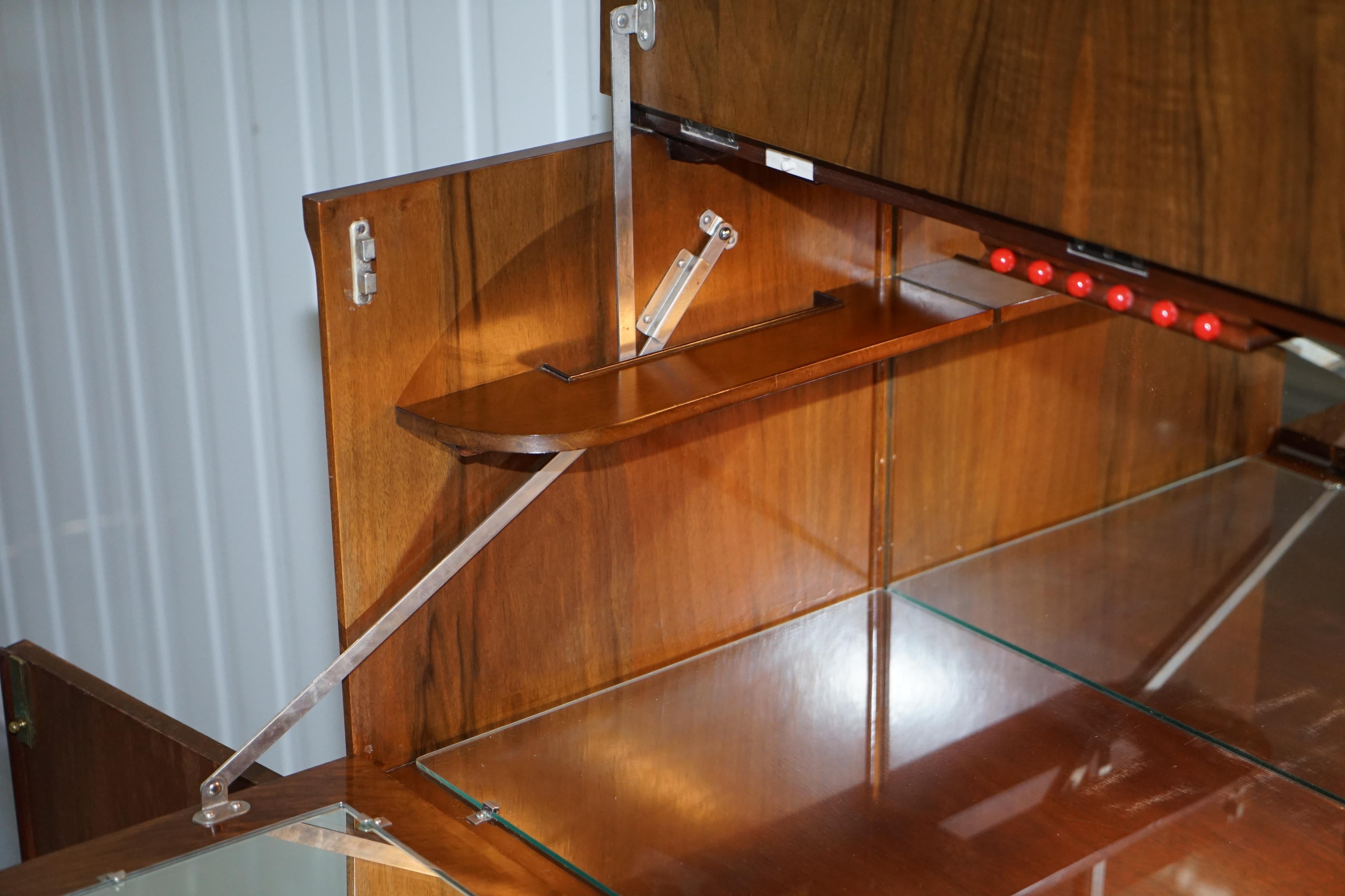 Art Deco 1920 Burr Walnut Drinks Cabinet Internal Light Mirrored Cabriolet Leg 8