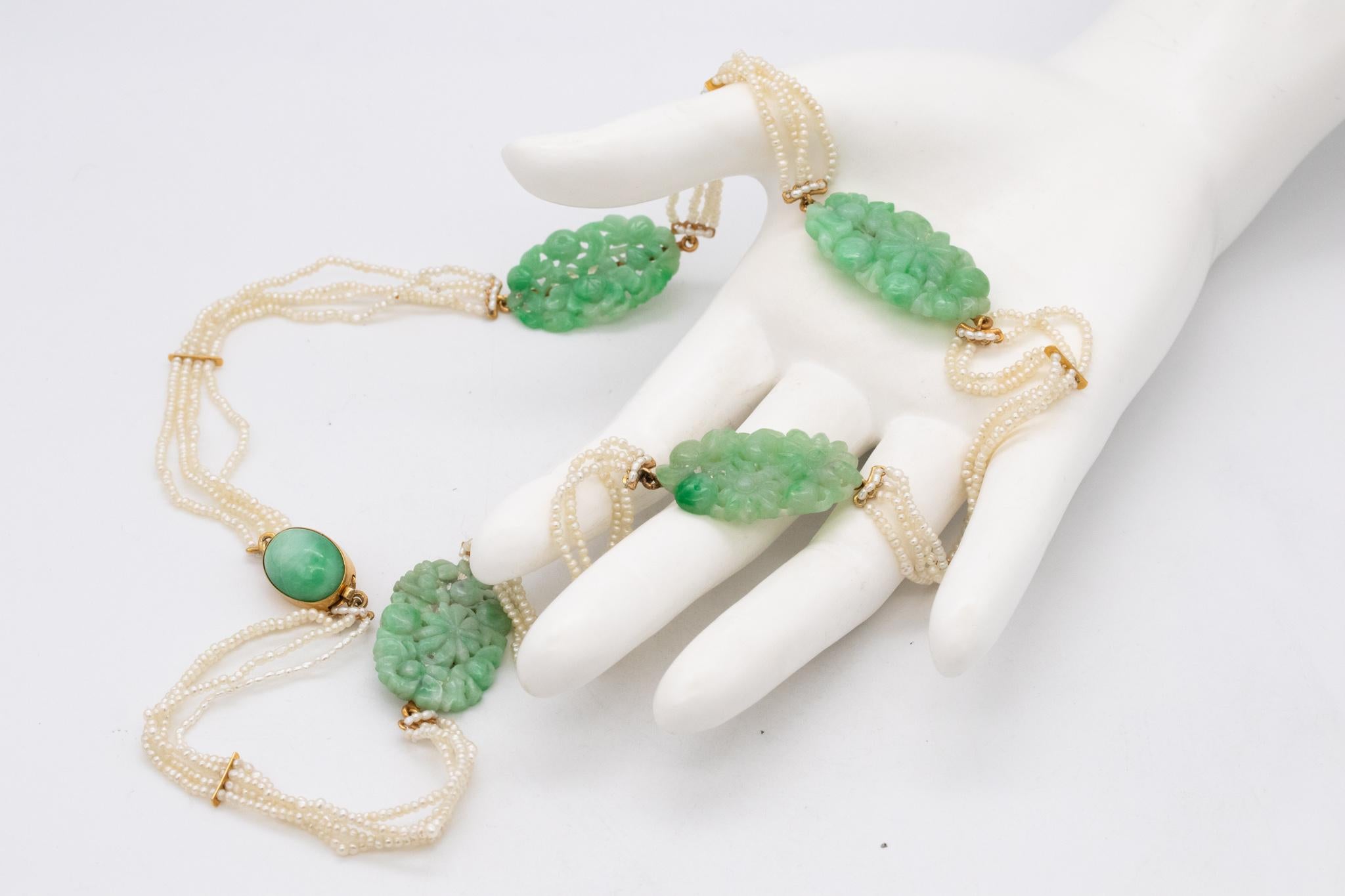 Mixed Cut Art Deco 1920 Chinoiserie Long Sautoir In 18Kt Gold Apple Jade And Seed Pearls