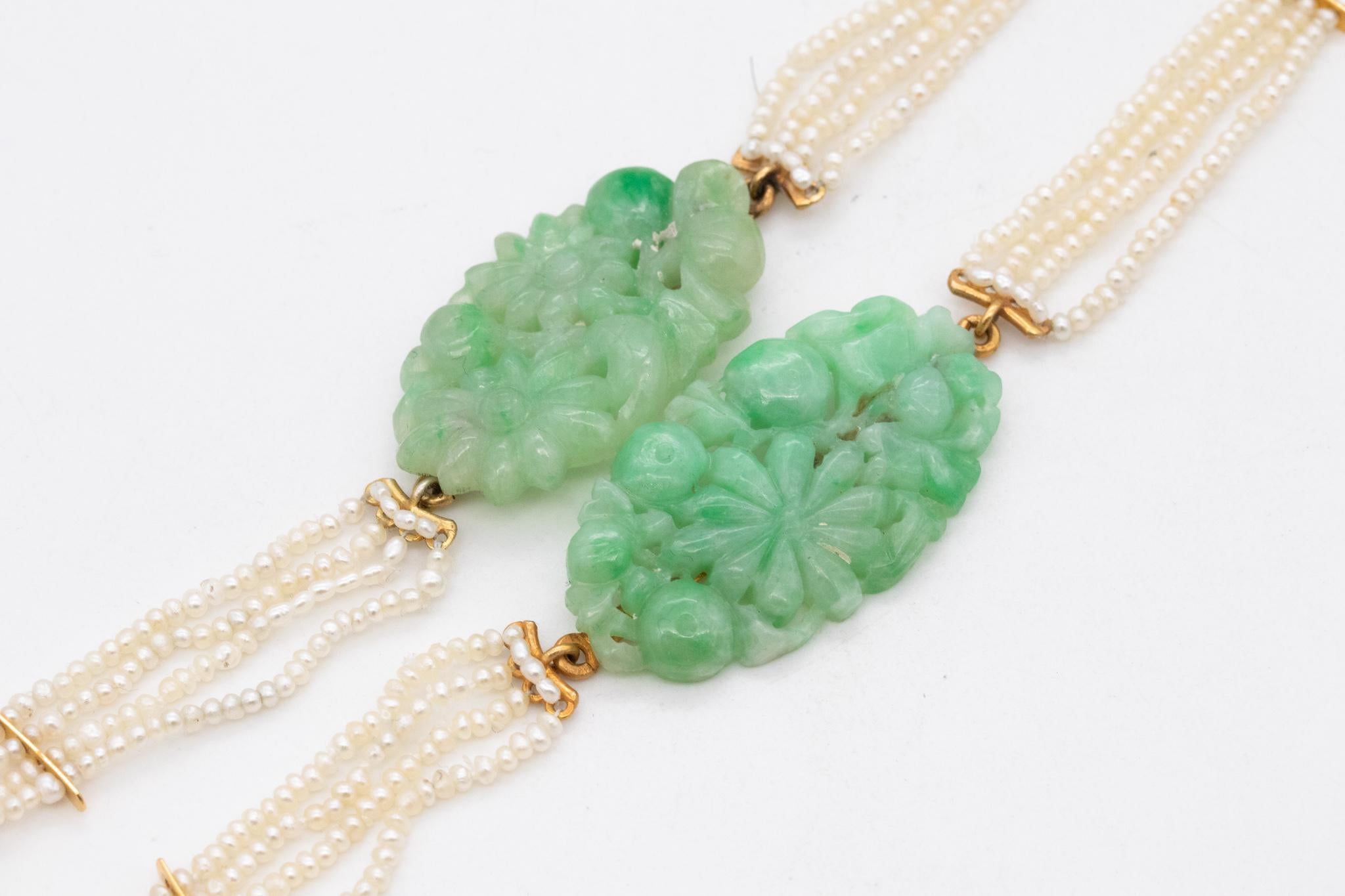 Women's Art Deco 1920 Chinoiserie Long Sautoir In 18Kt Gold Apple Jade And Seed Pearls