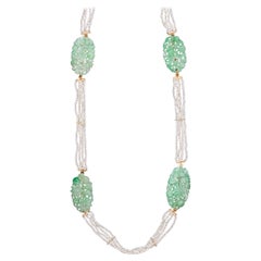 Sautoir lungo Art Deco 1920 Chinoiserie in oro 18Kt con mela, giada e perle di mare